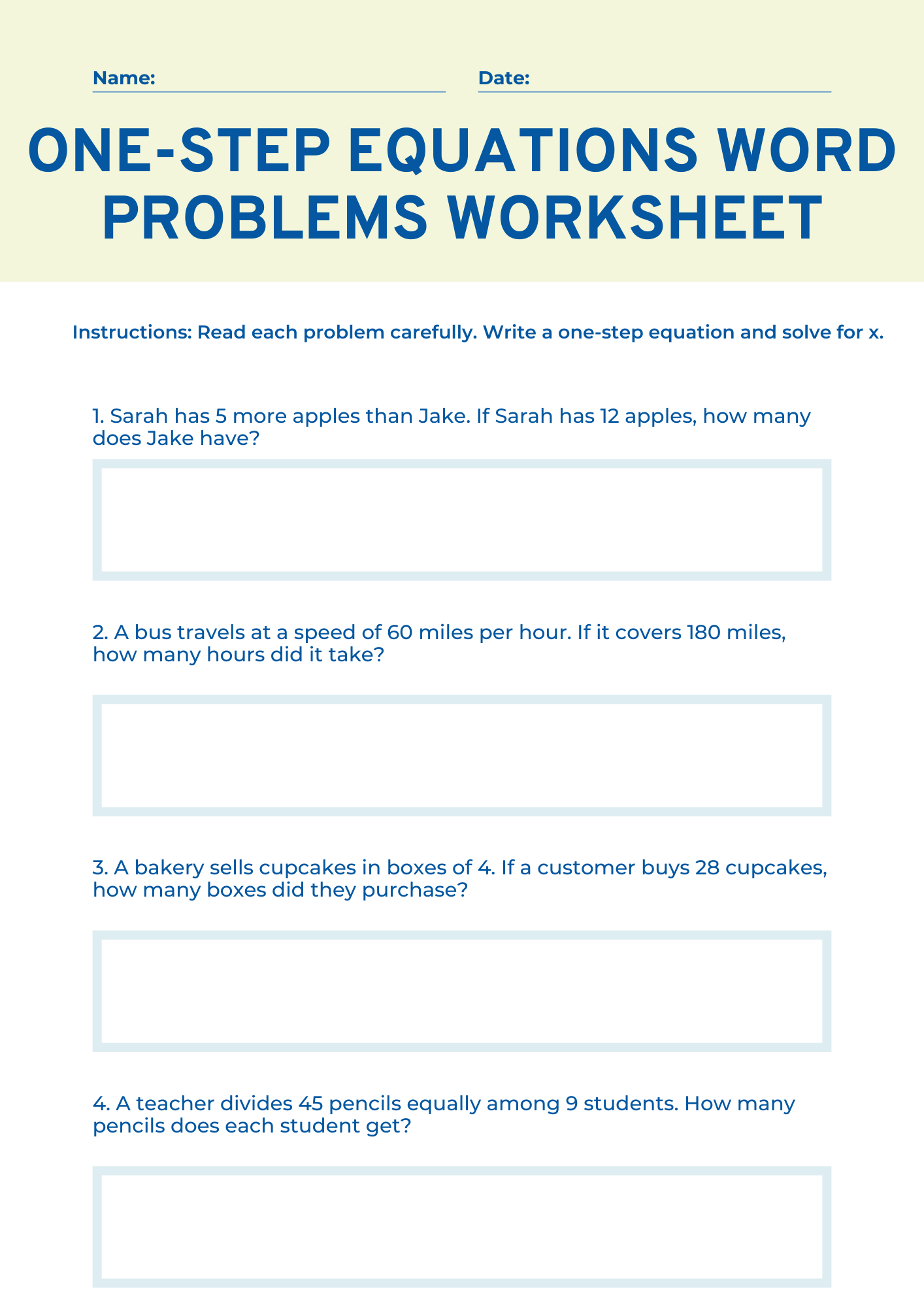 One Step Equations Word Problems Worksheet