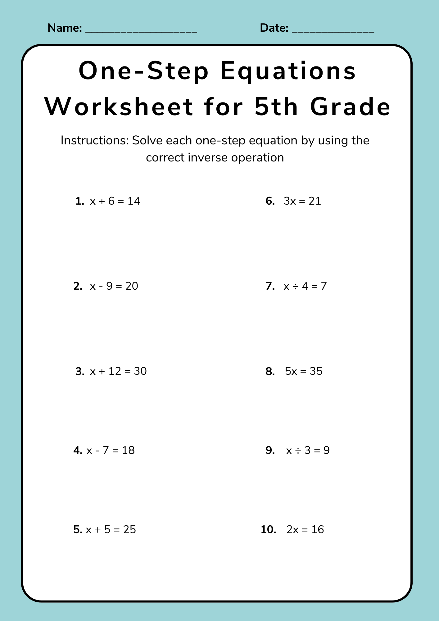 One Step Equations Worksheet for 5th Grade