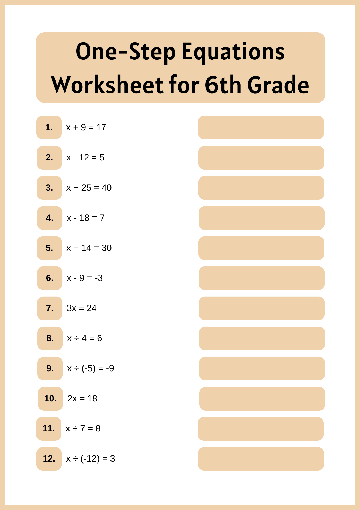 One Step Equations Worksheet for 6th Grade