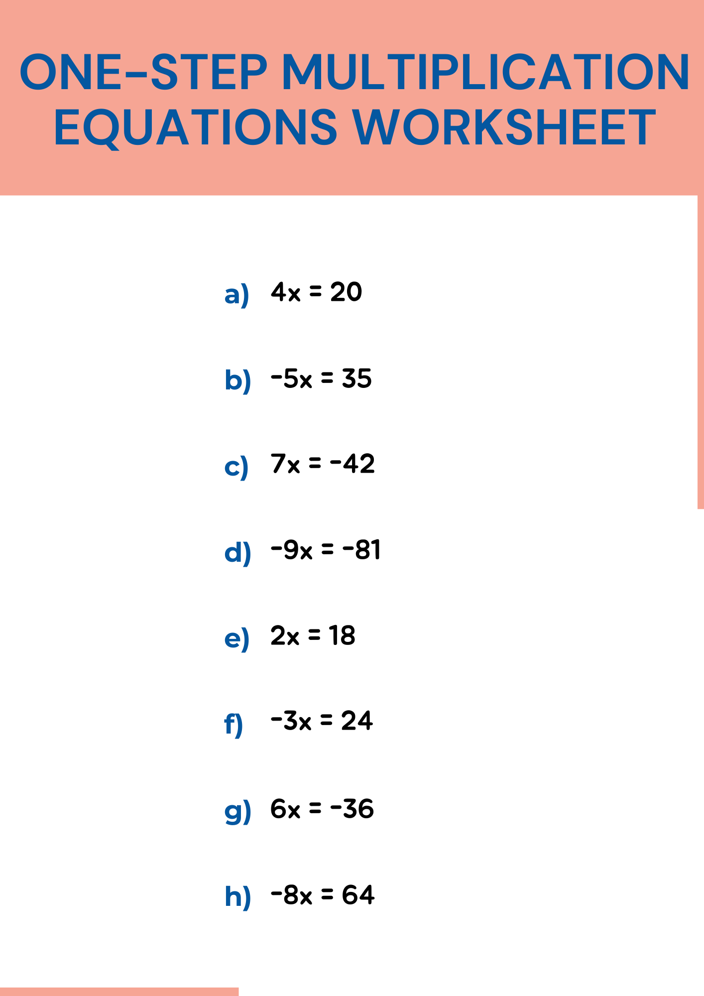 One Step Multiplication Equations Worksheet