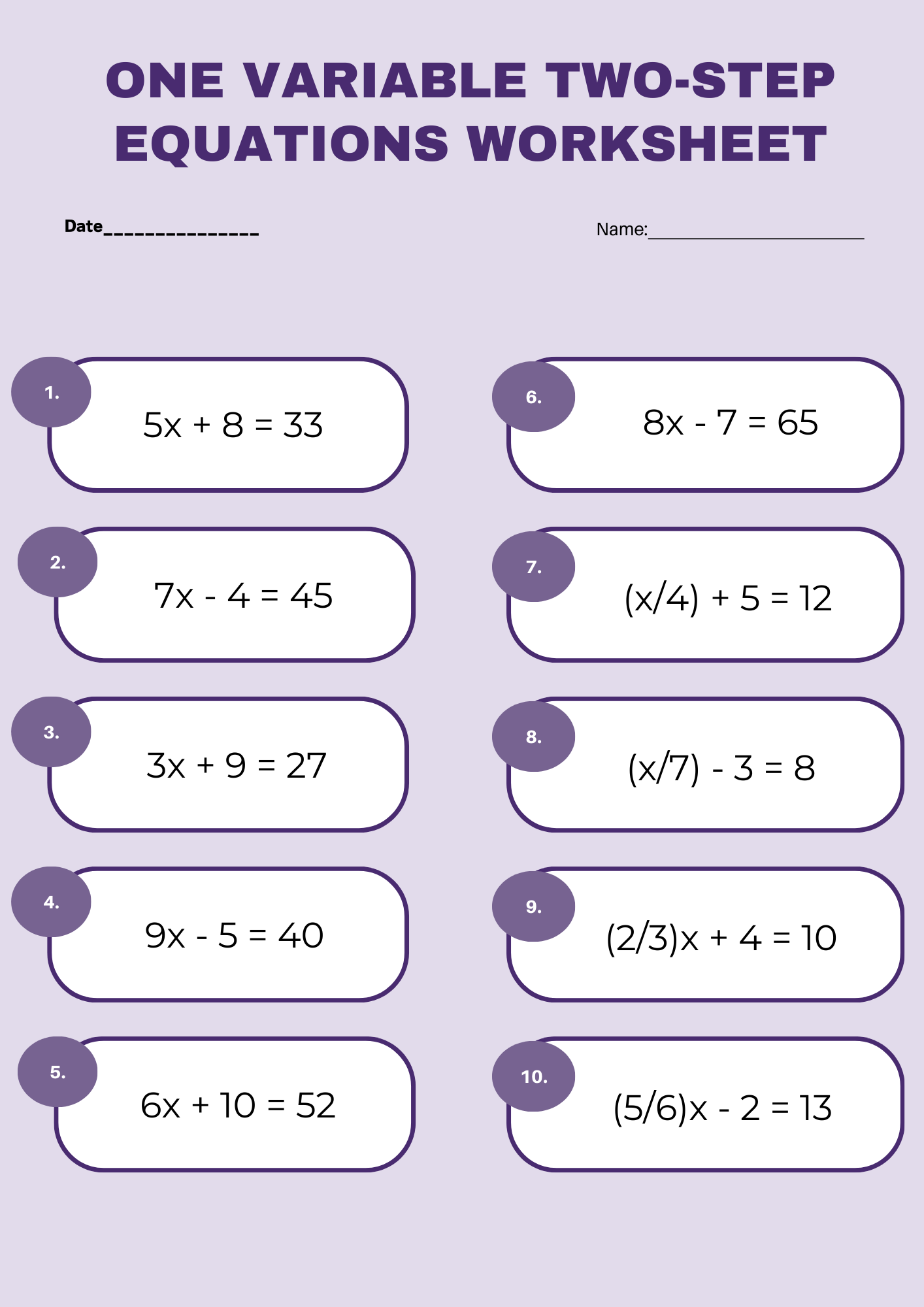 One Variable Two Step Equations Worksheet