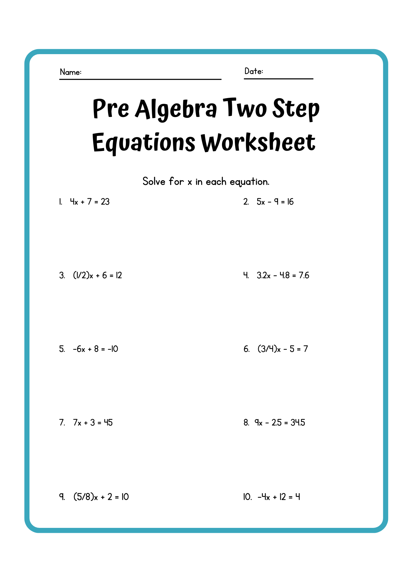 Pre Algebra Two Step Equations Worksheet