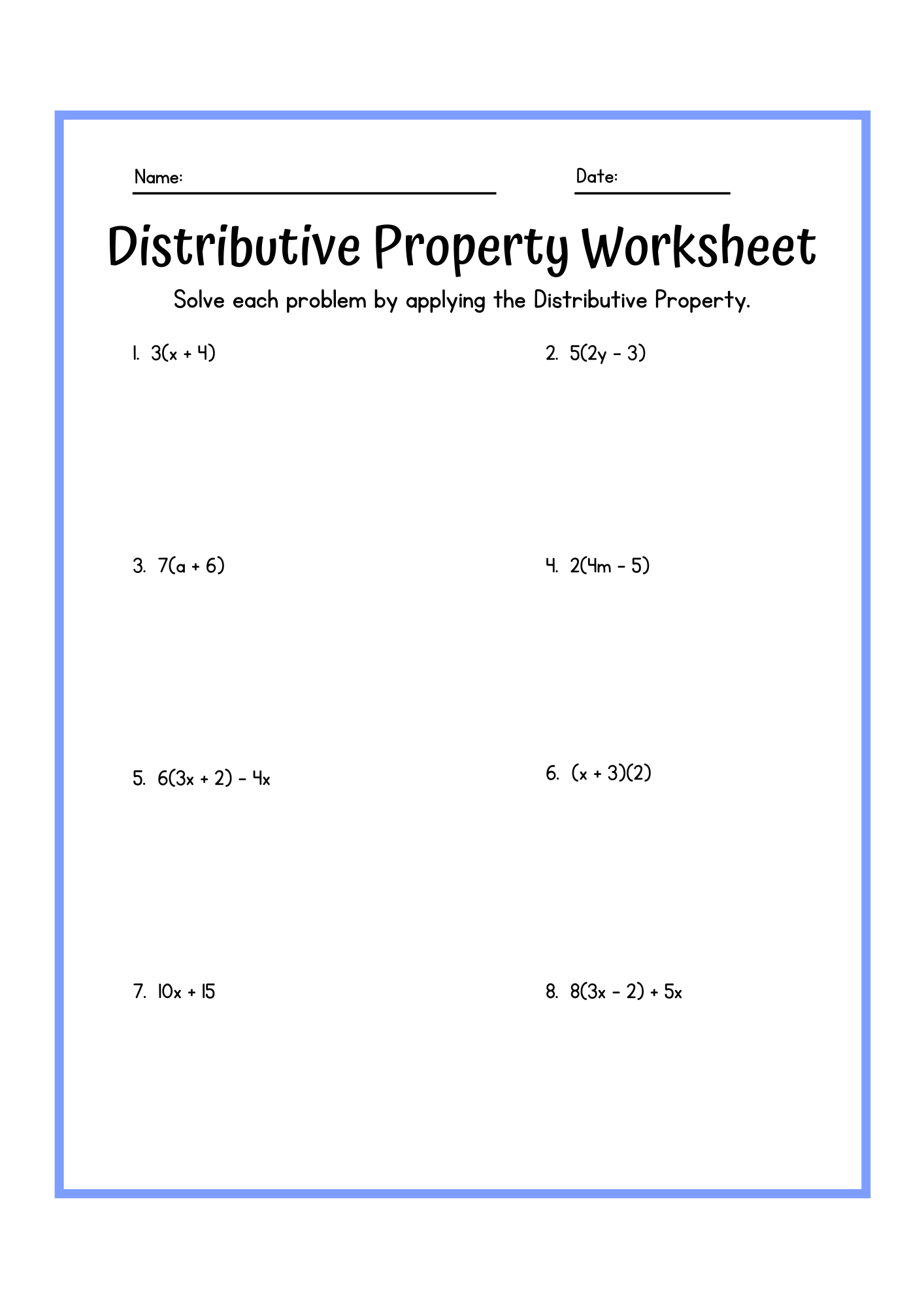 Printable Distributive Property Worksheet