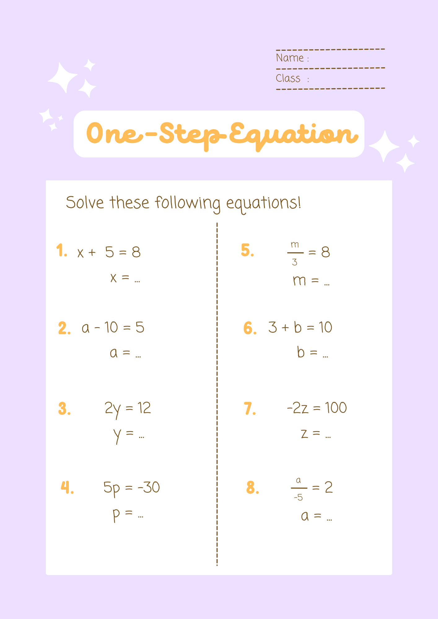 Printable One Step Equation Worksheet 