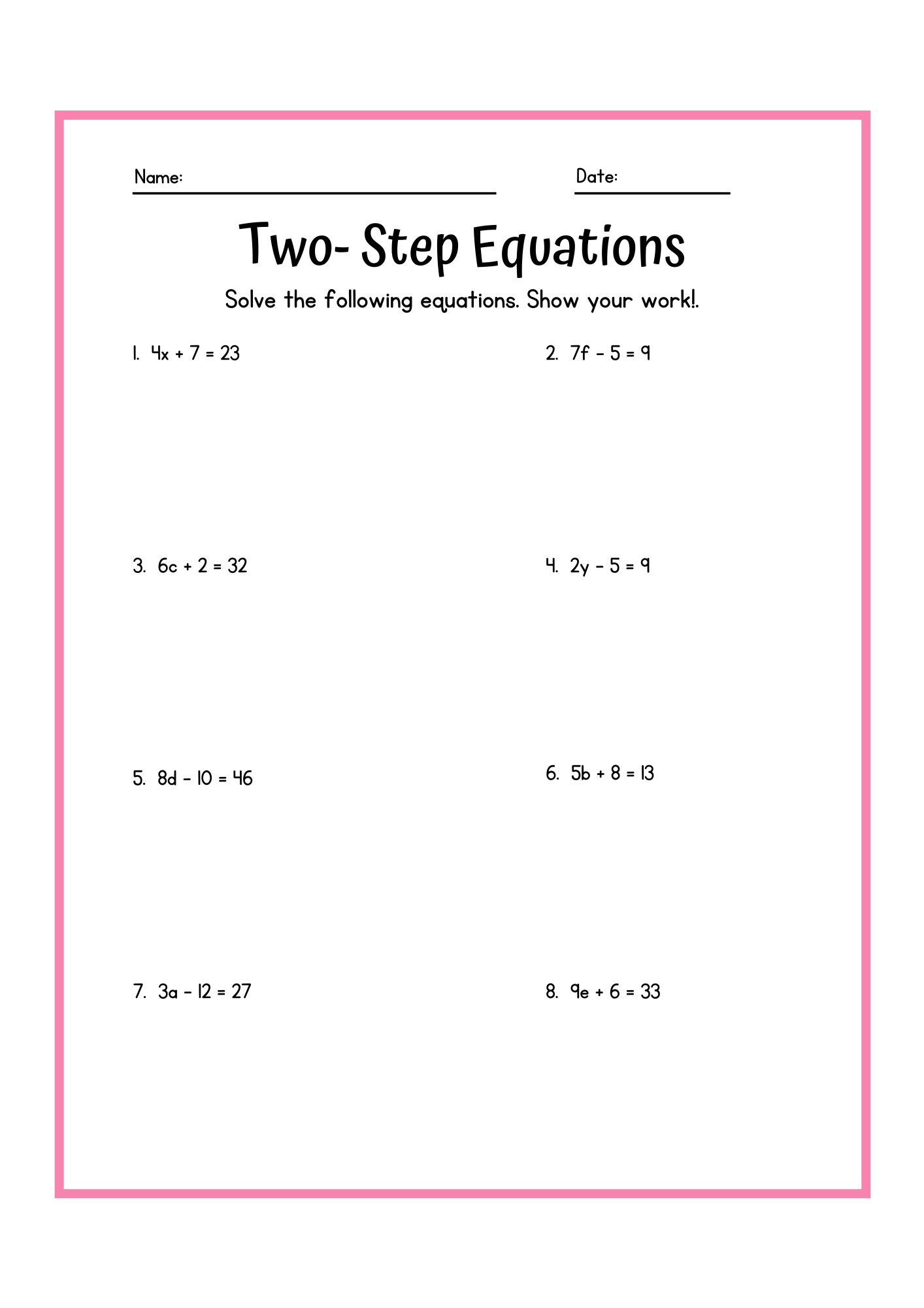 Printable Two Step Equations Worksheet