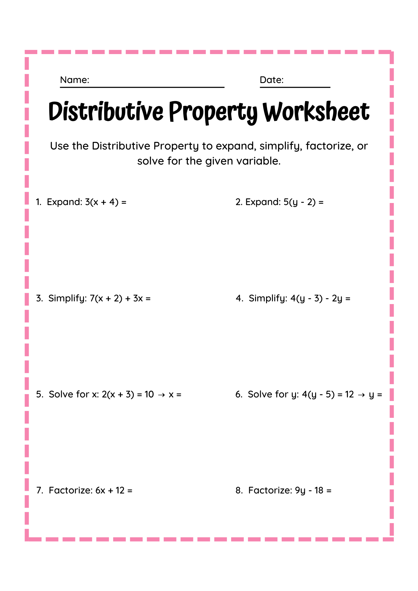 Solving Distributive Property Worksheet