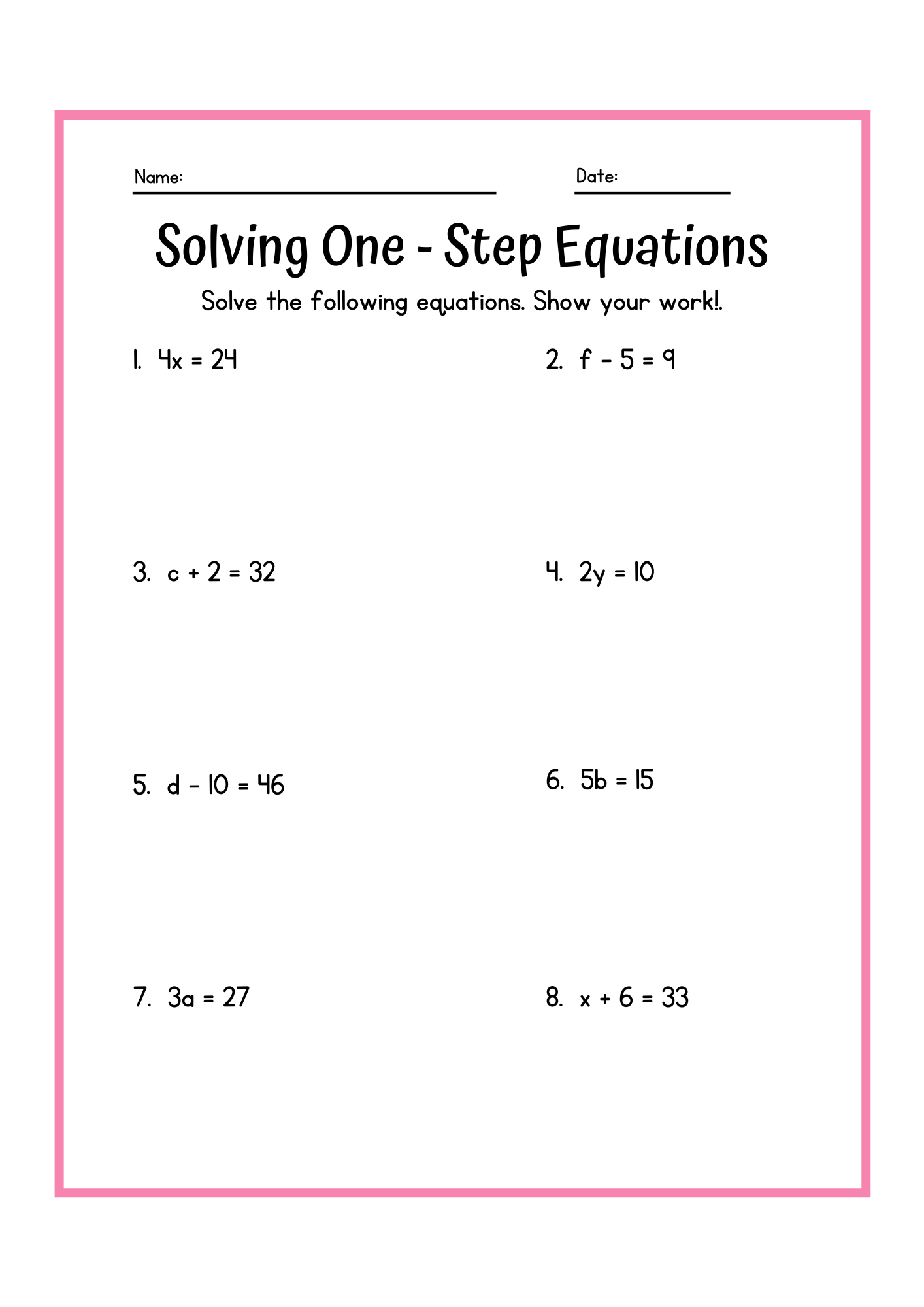 Solving One Step Equation Worksheet 