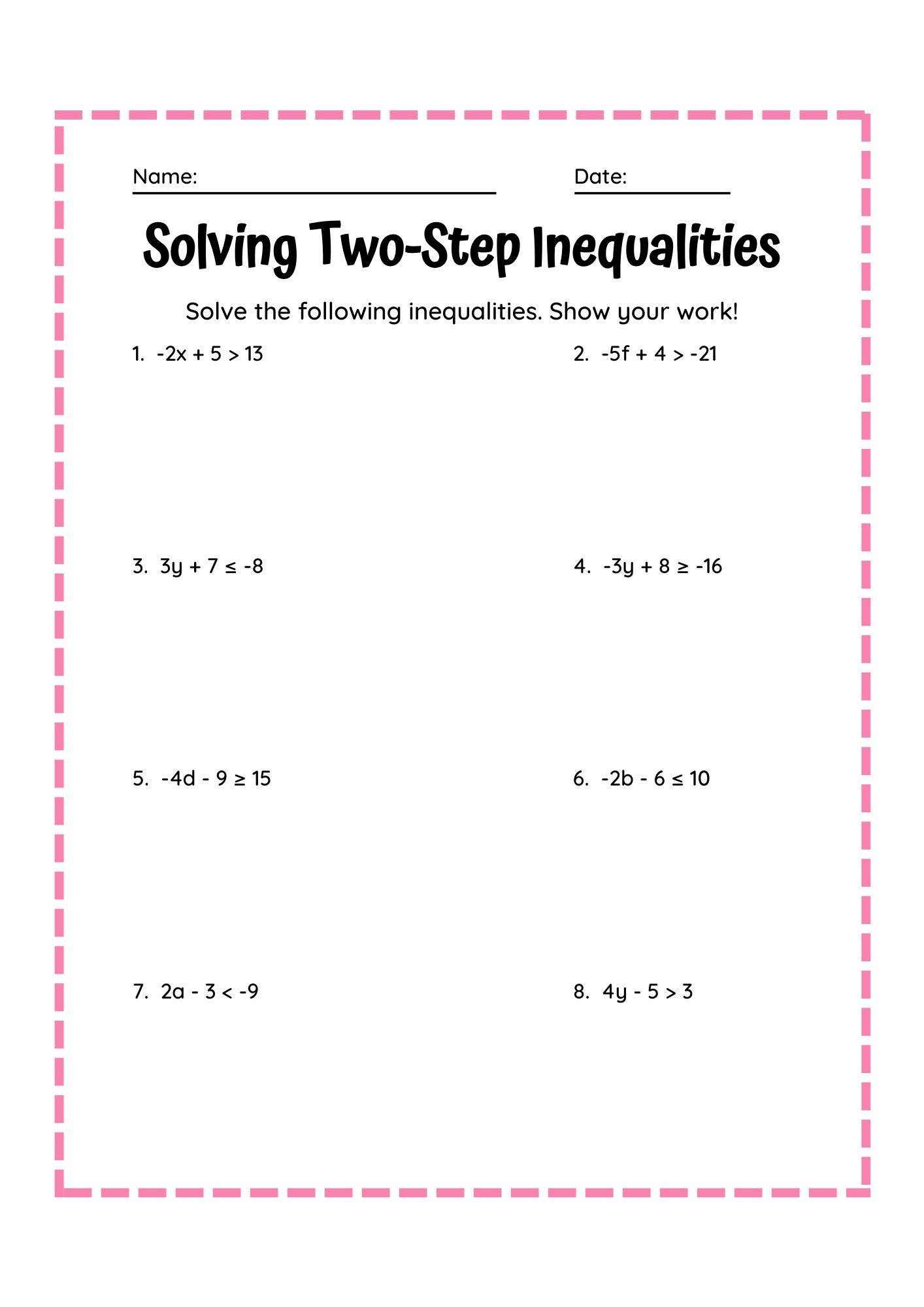 Solving Two Step Inequalities Worksheet