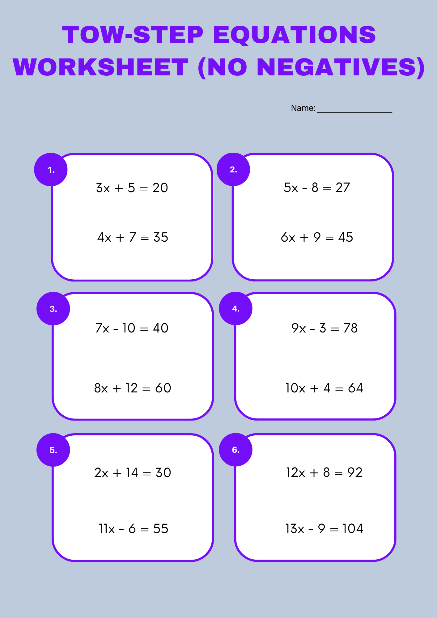 Tow Step Equations Worksheet No Negatives