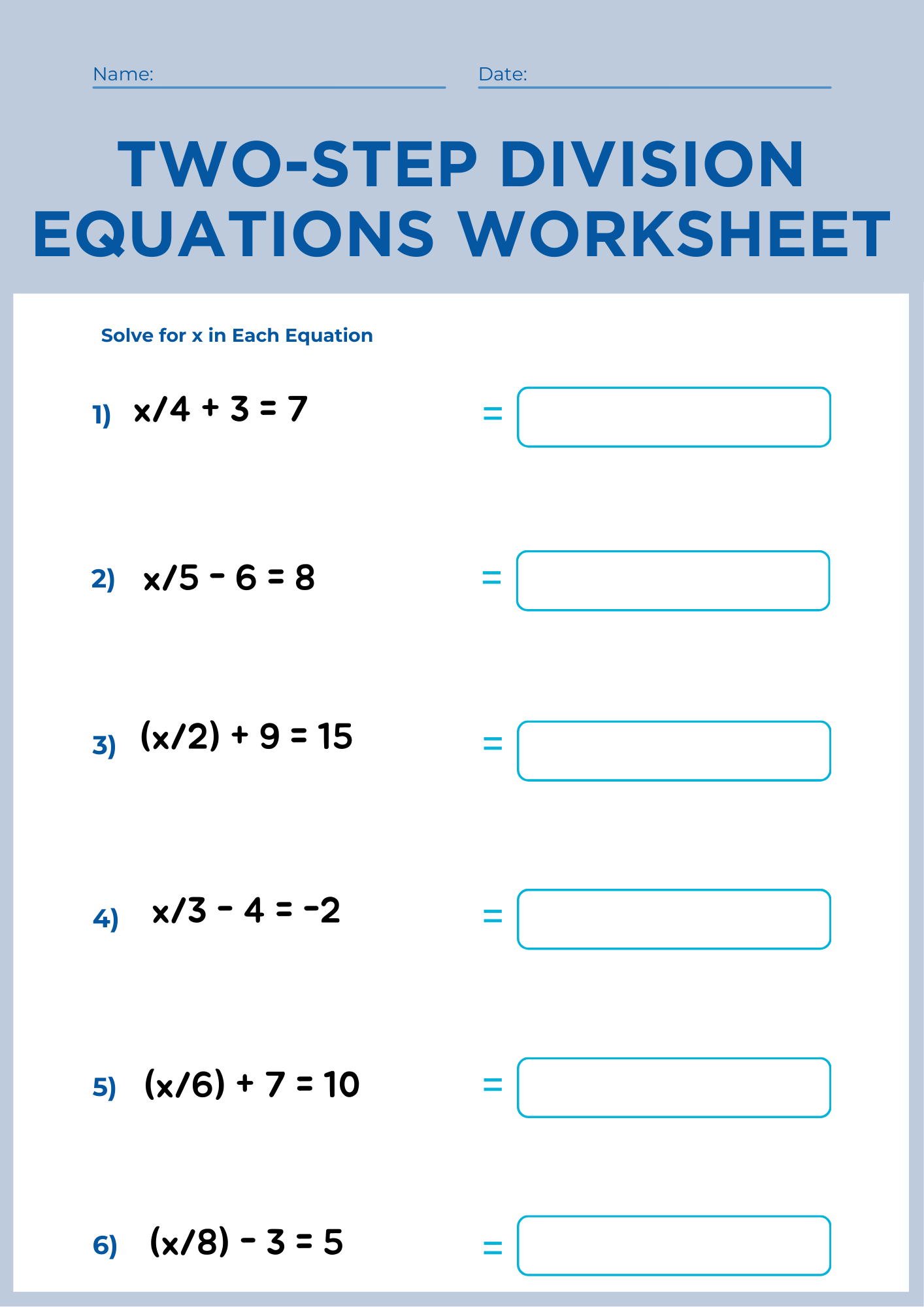 Two Step Division Equations Worksheet