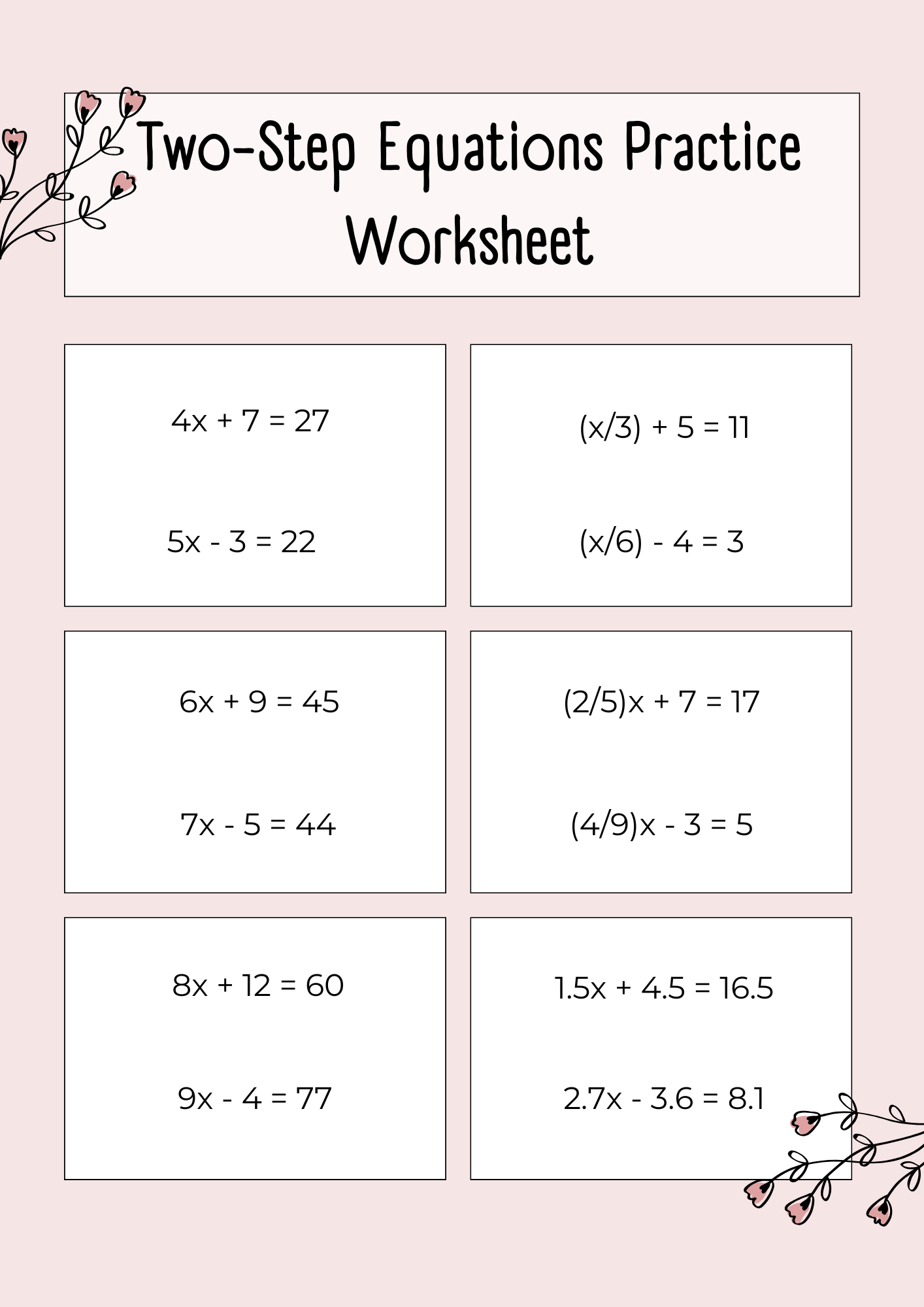 Two Step Equations Practice Worksheet