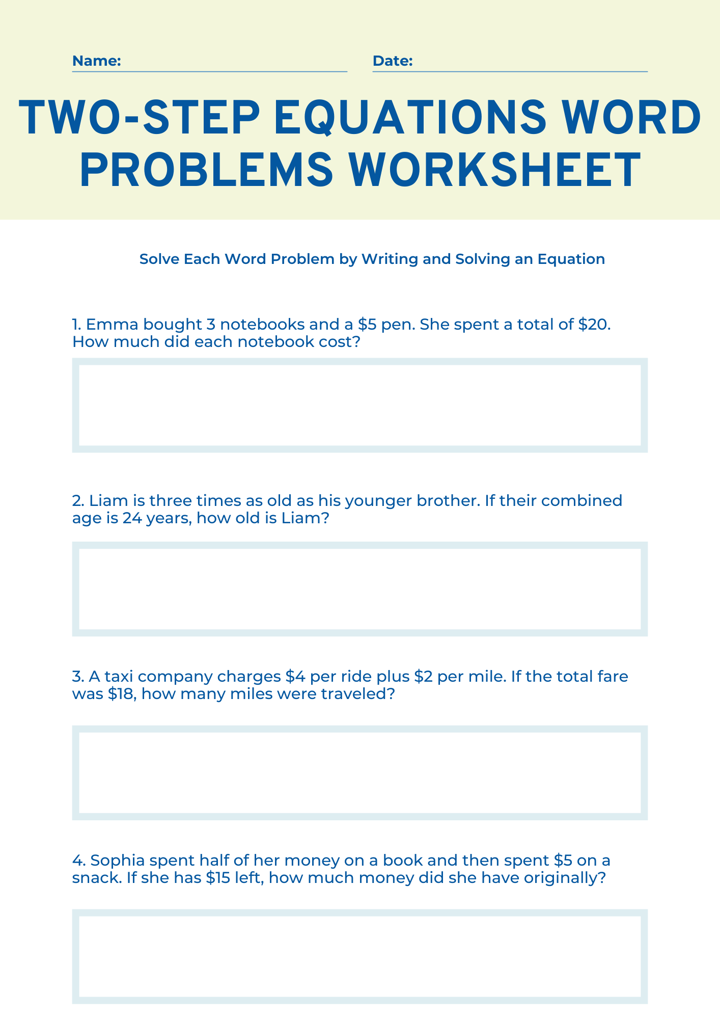 Two Step Equations Word Problems Worksheet