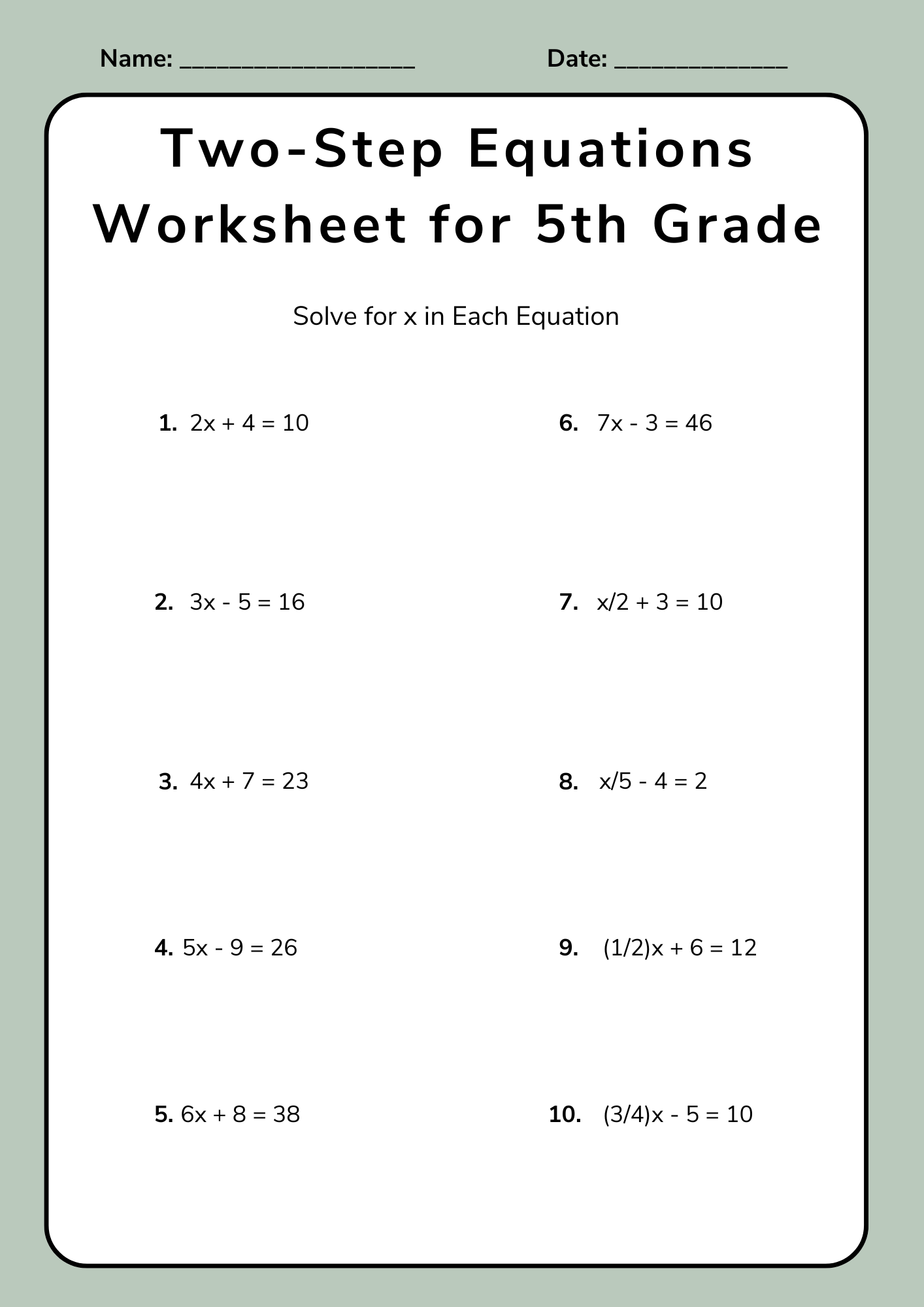 Two Step Equations Worksheet for 5th Grade