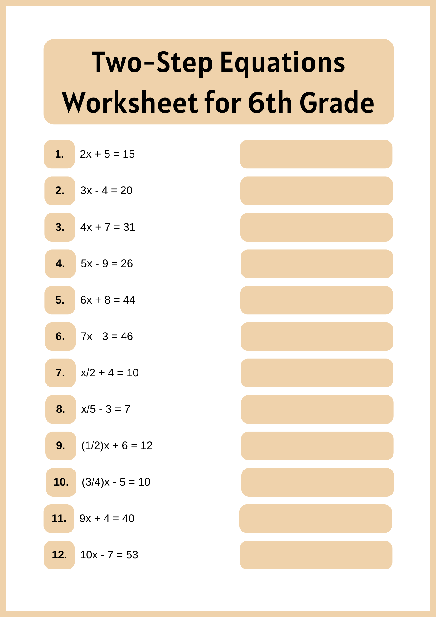 Two Step Equations Worksheet for 6th Grade