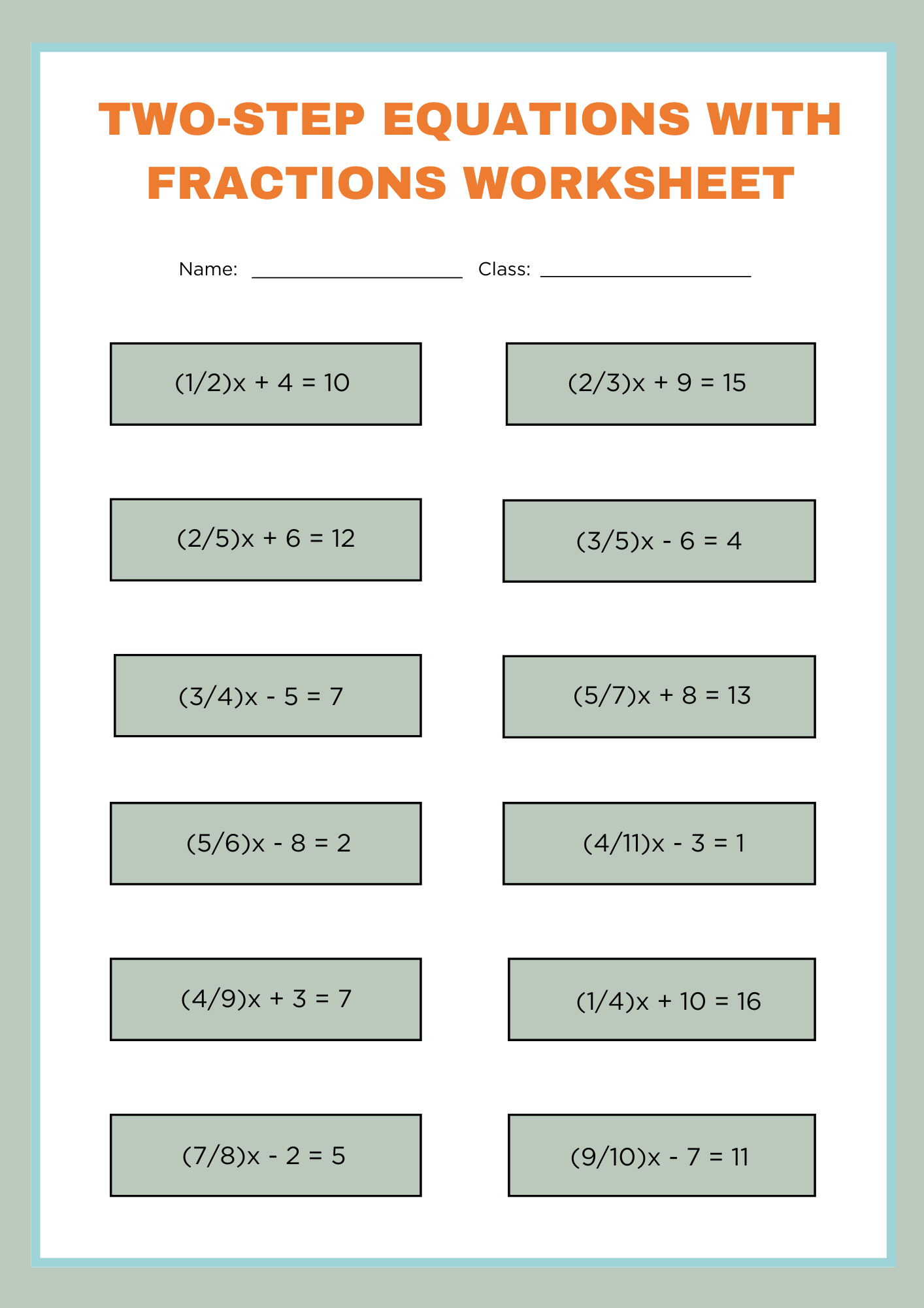 Two Step Equations with Fractions Worksheet