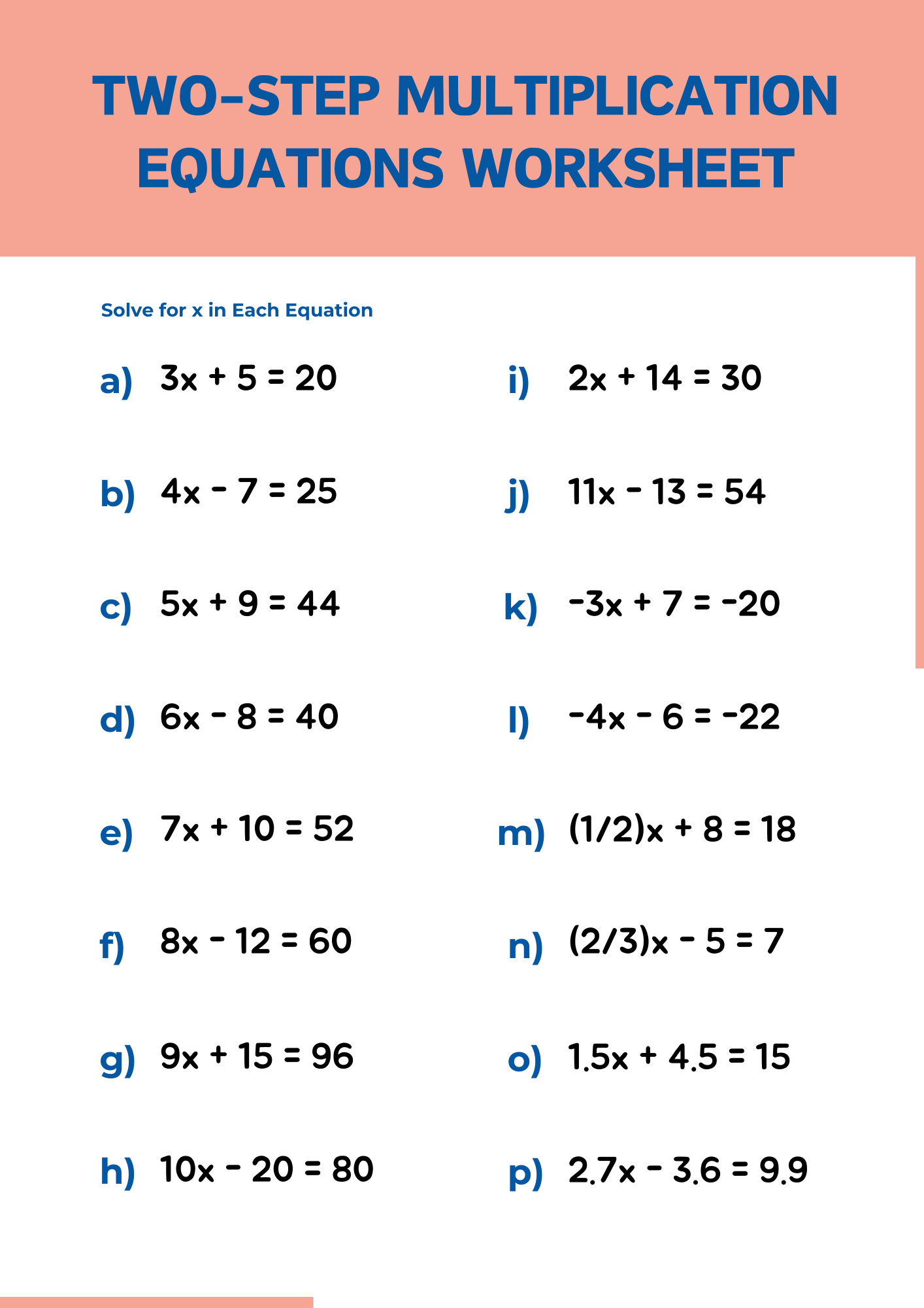 Two Step Multiplication Equations Worksheet