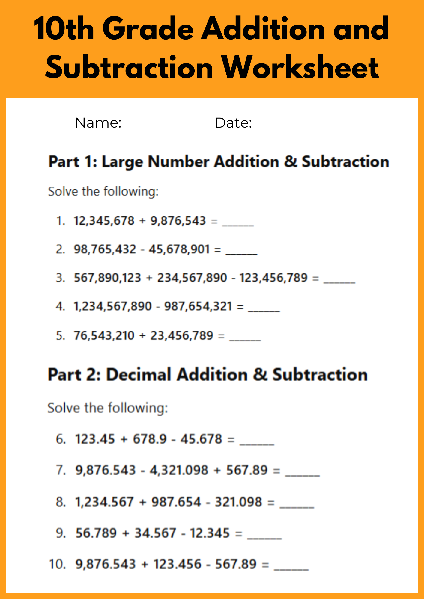 10th Grade Addition and Subtraction Worksheet