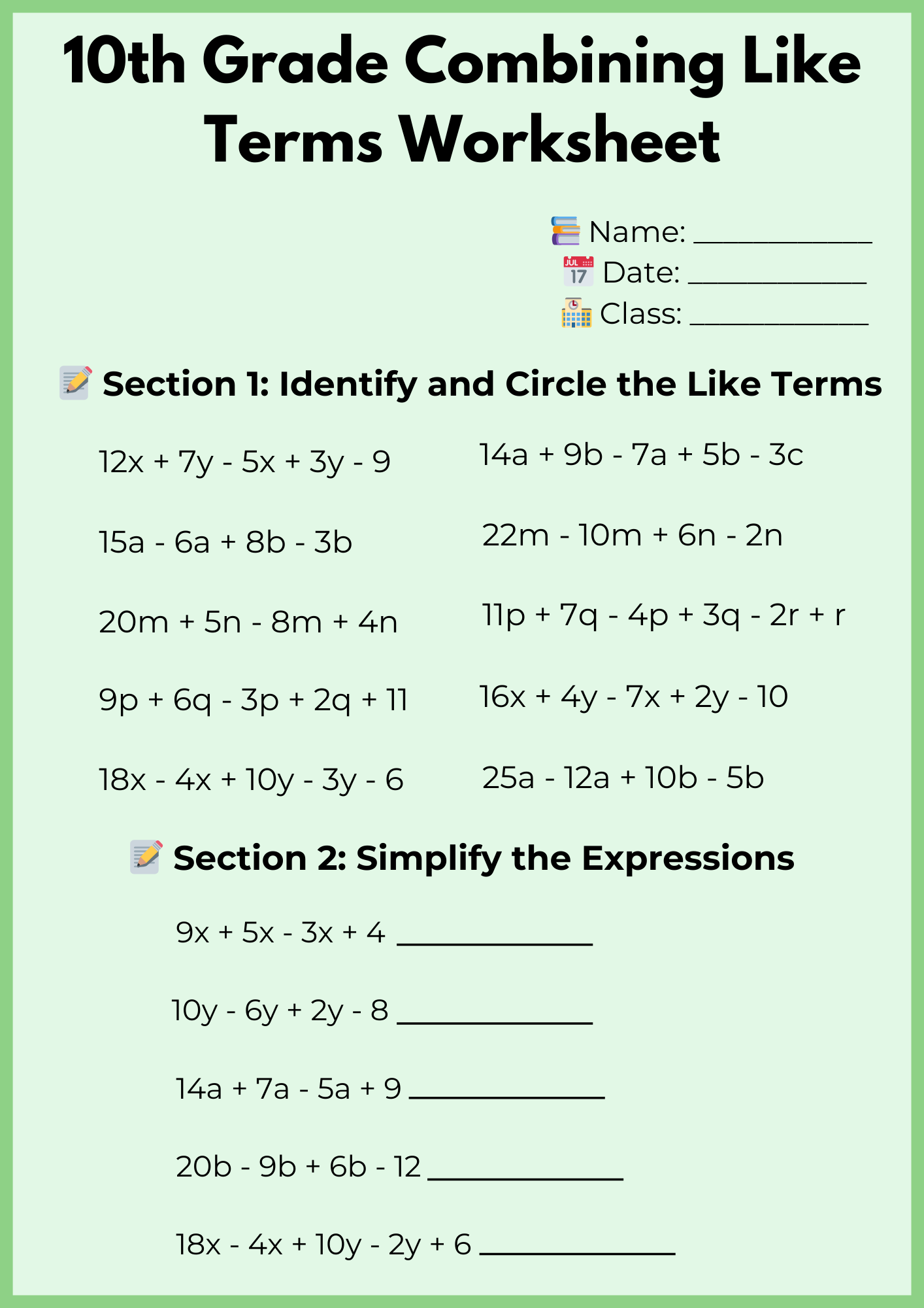 10th Grade Combining Like Terms Worksheet