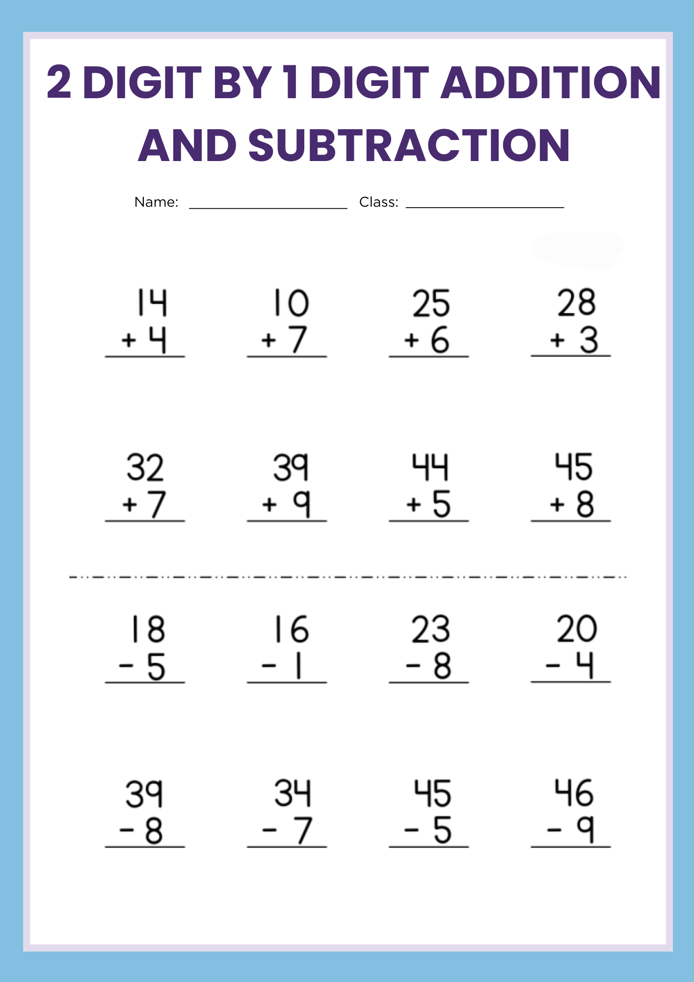 2 Digit by 1 Digit Addition and Subtraction Worksheet