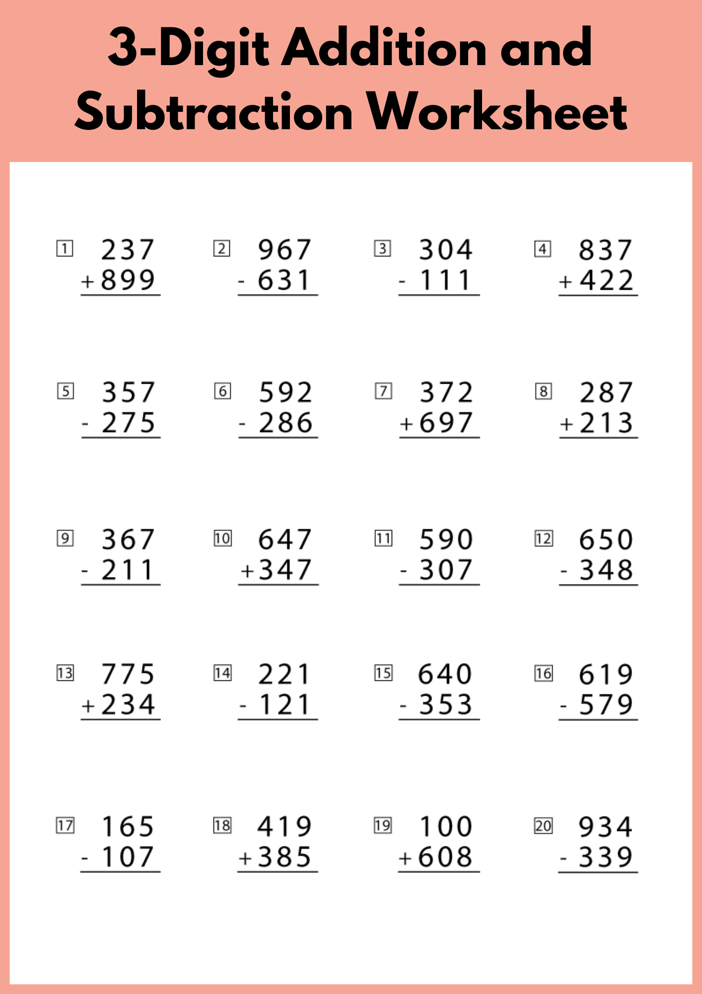 3 Digit Addition and Subtraction Worksheet