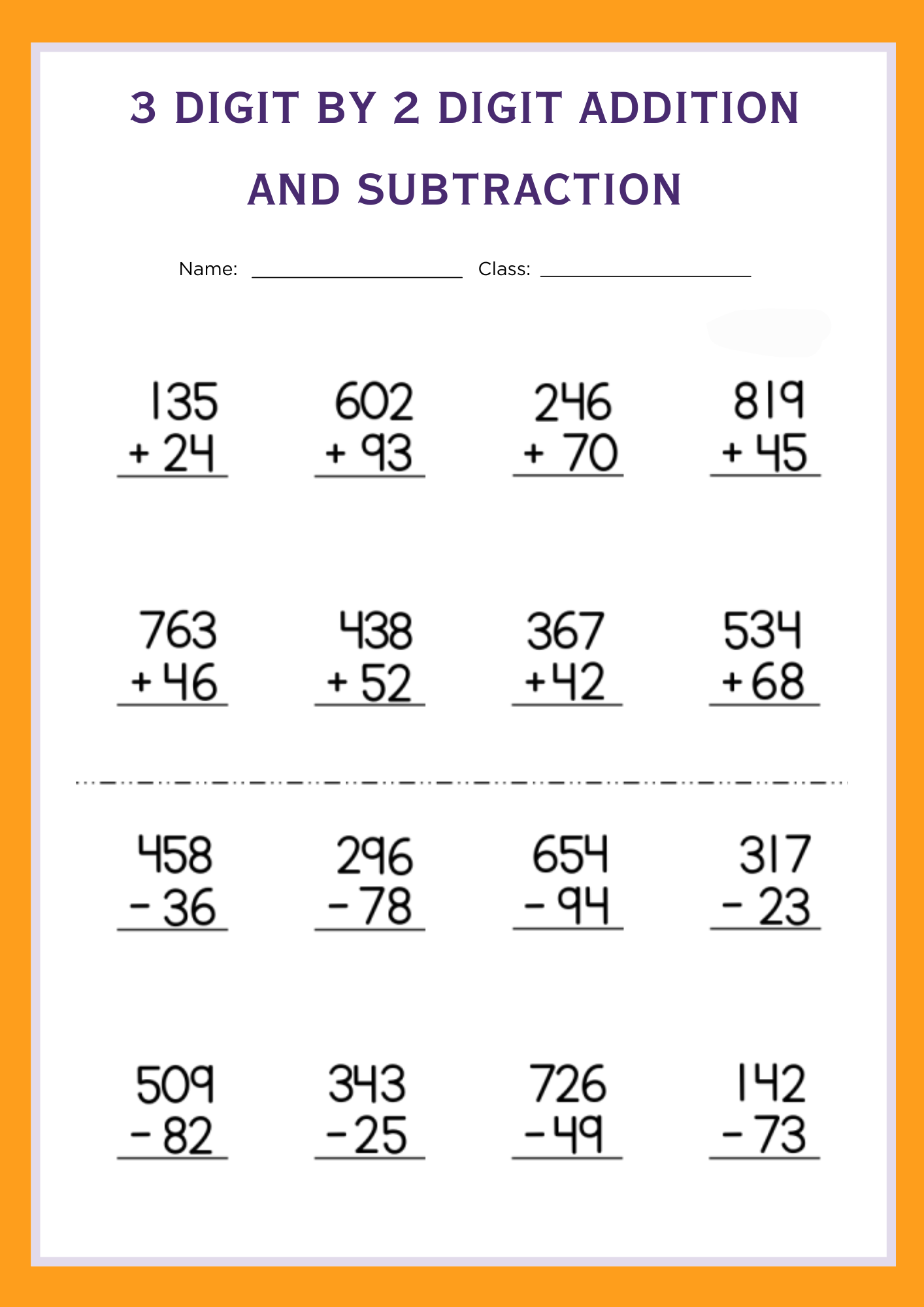 3 Digit by 2 Digit Addition and Subtraction Worksheet