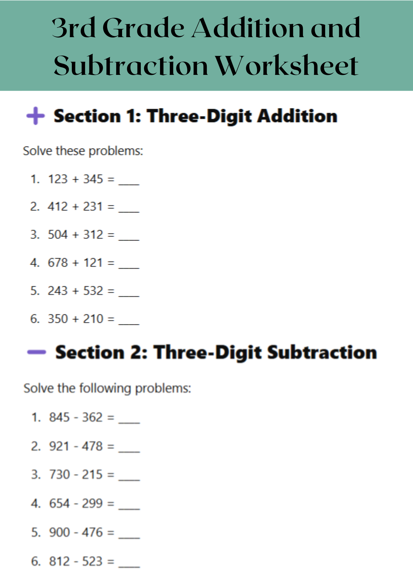 3rd Grade Addition and Subtraction Worksheet