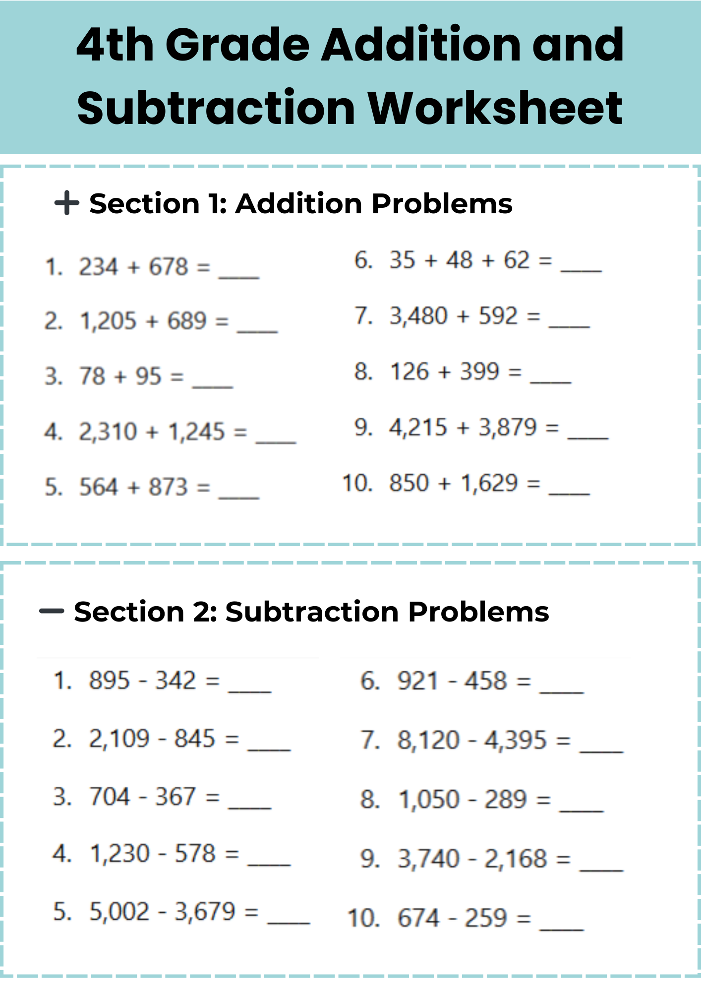 4th Grade Addition and Subtraction Worksheet