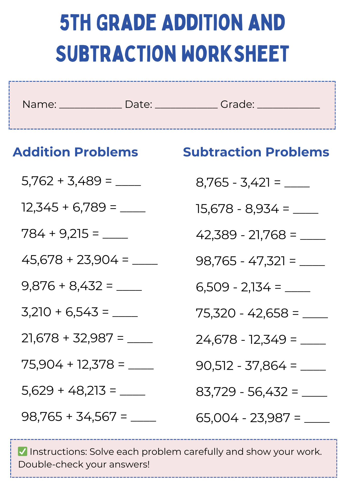 5th Grade Addition and Subtraction Worksheet