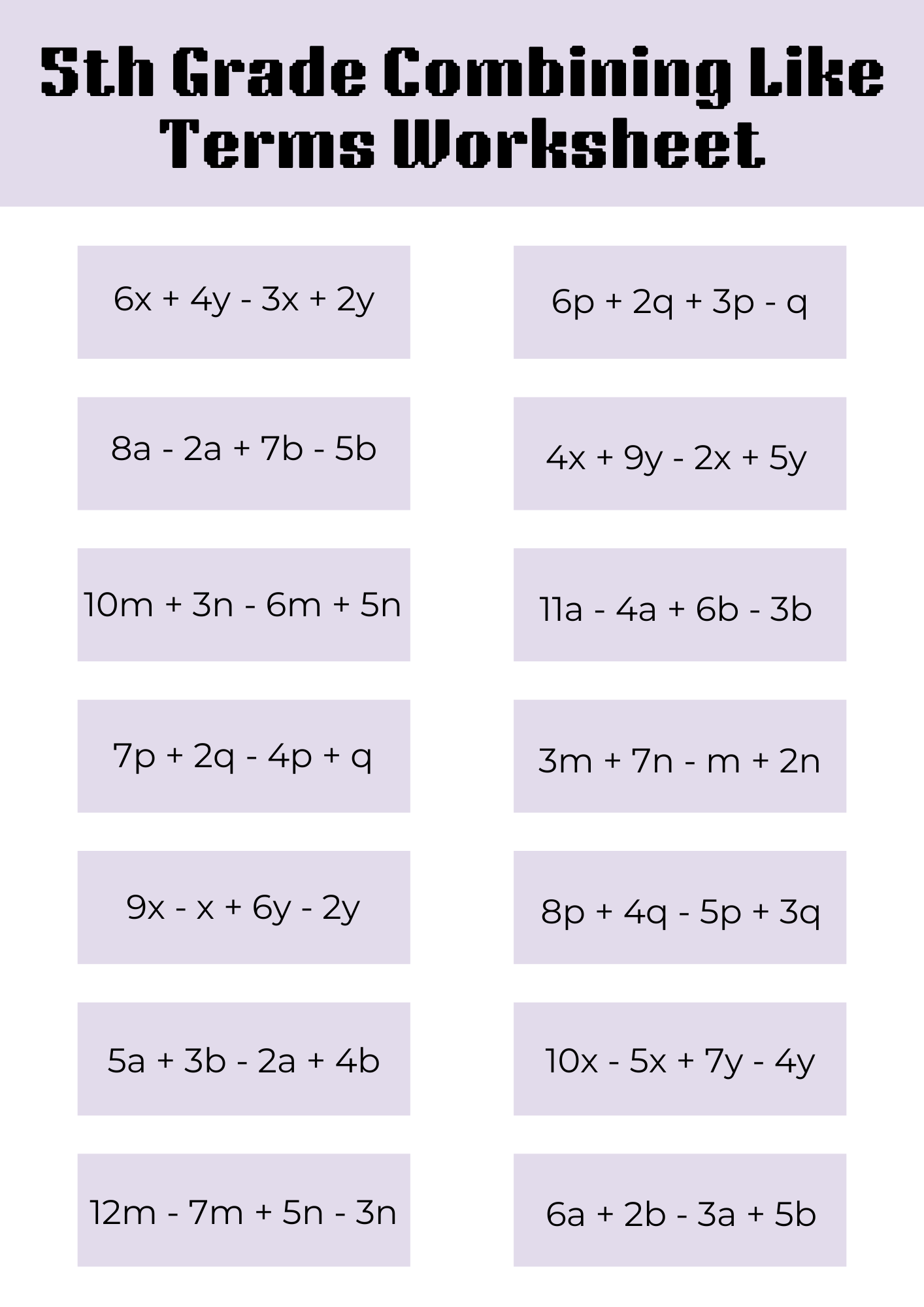 5th Grade Combining Like Terms Worksheet