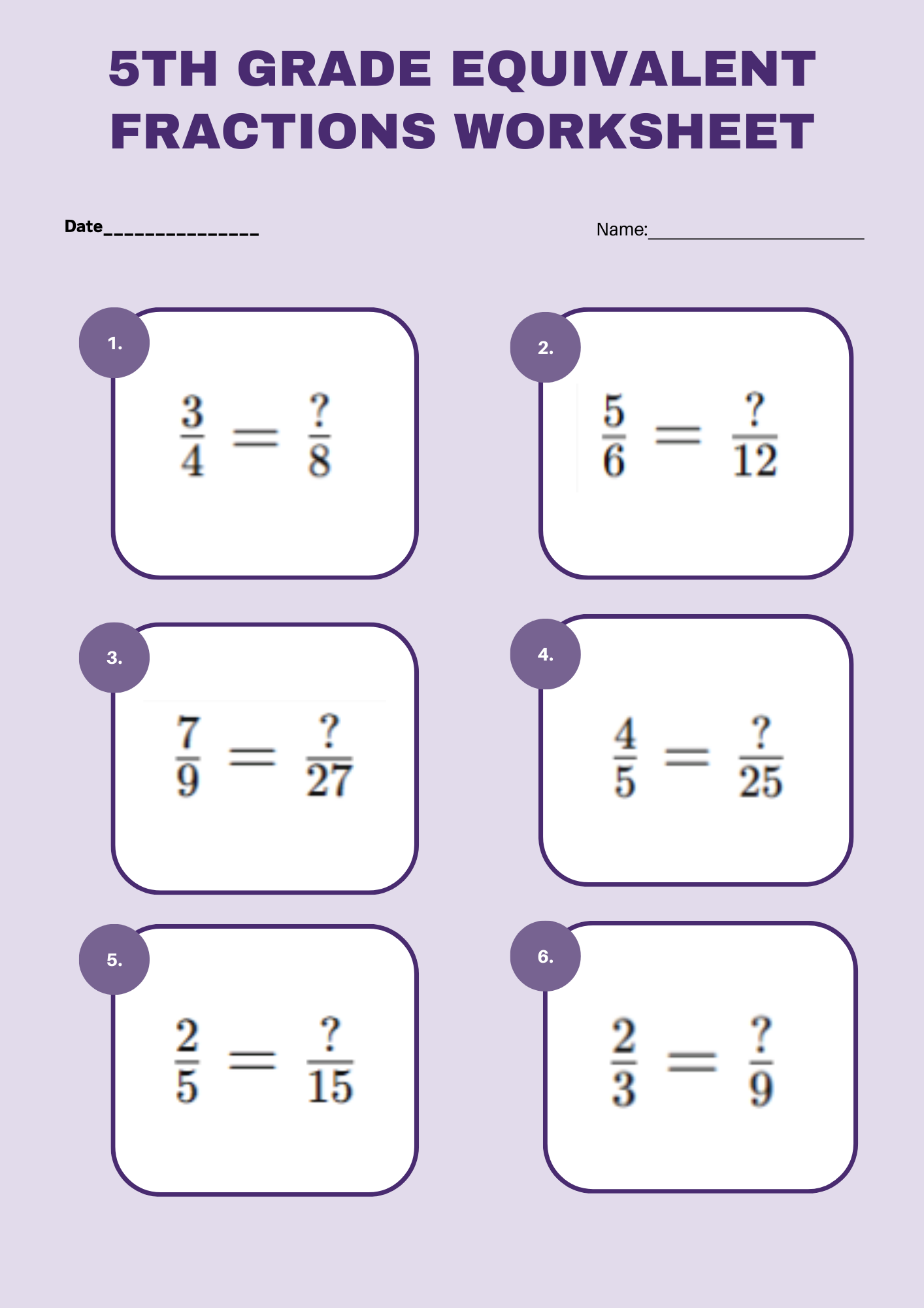 5th grade Equivalent Fractions Worksheet