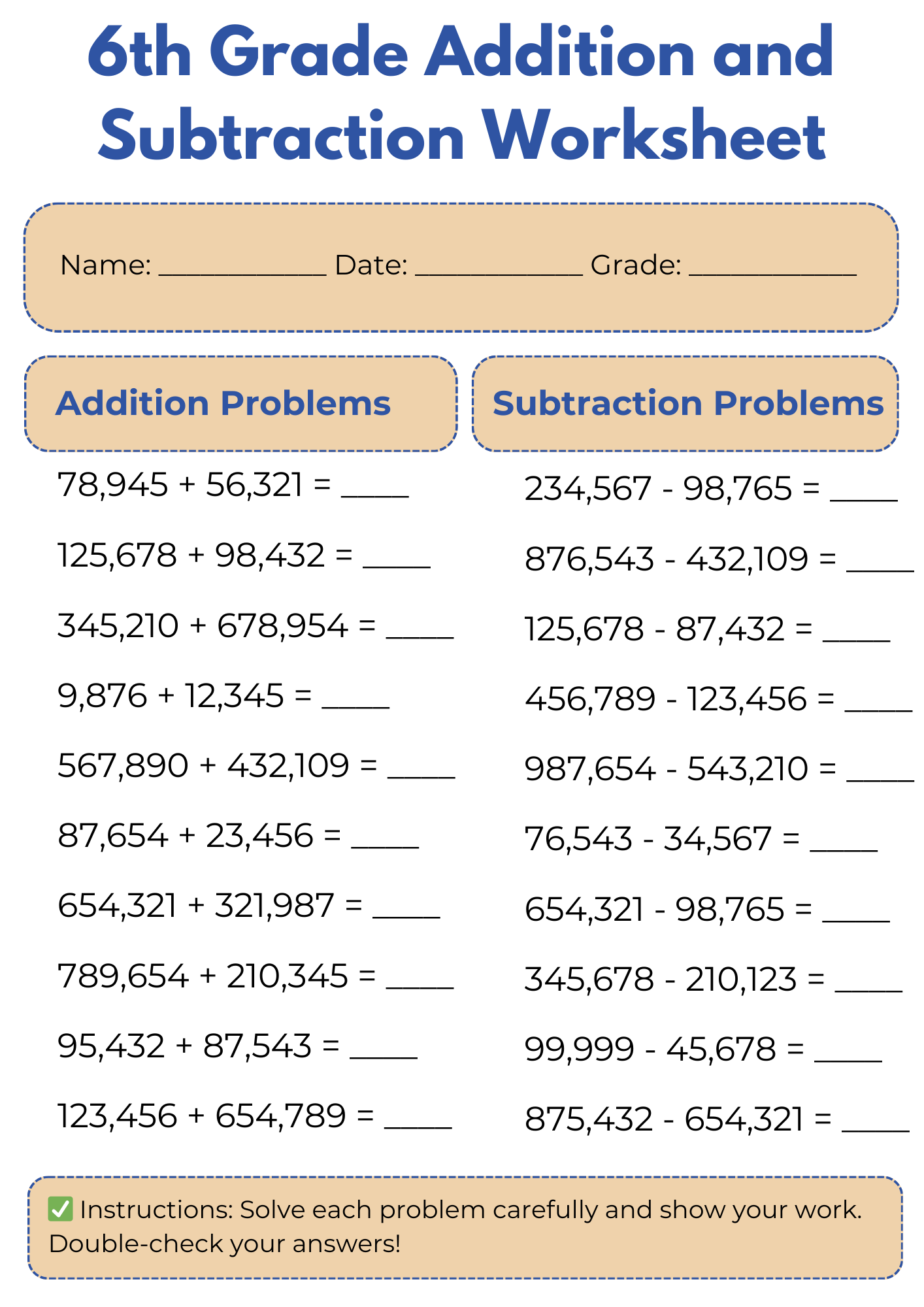 6th Grade Addition and Subtraction Worksheet