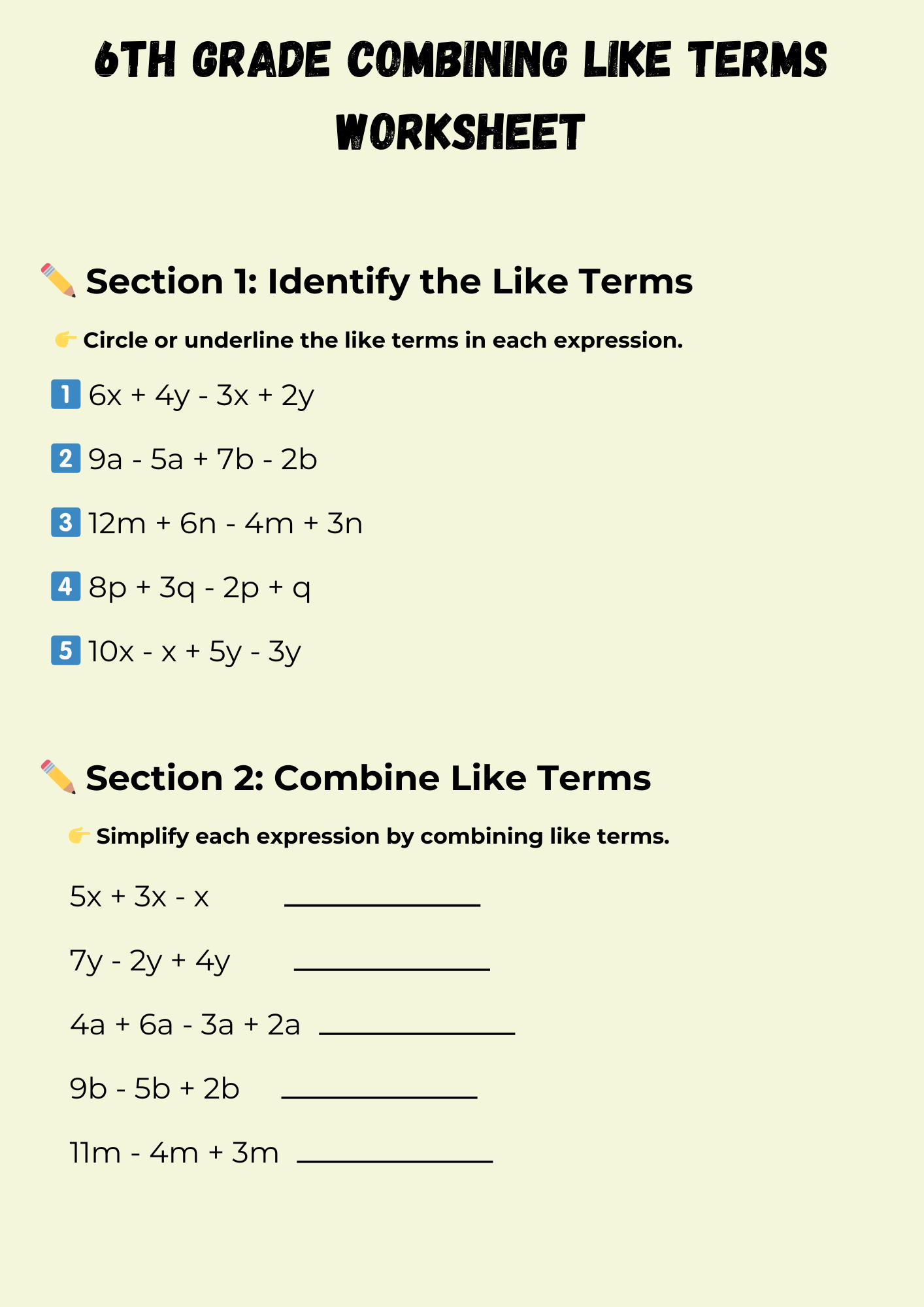 6th Grade Combining Like Terms Worksheet