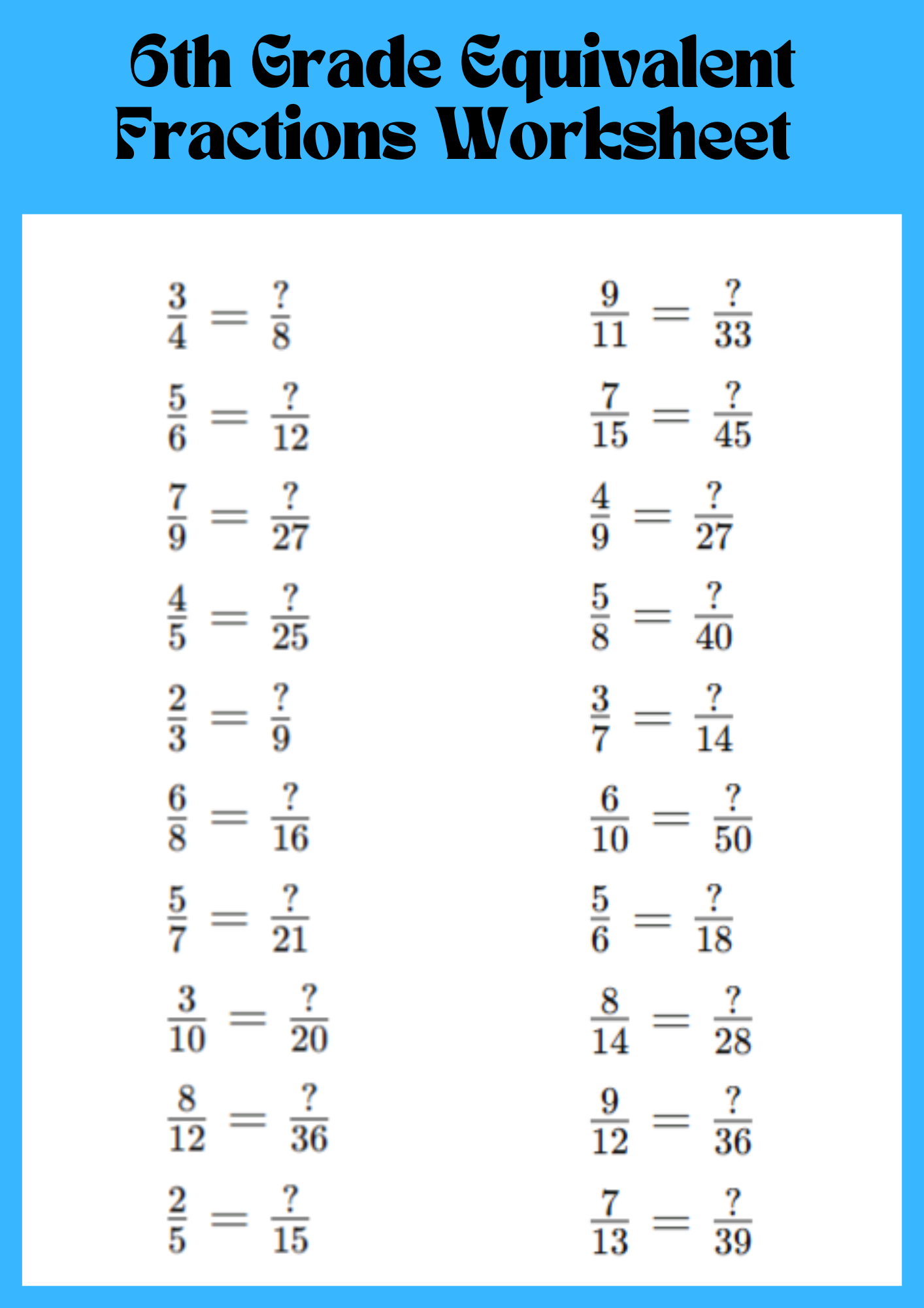 6th Grade Equivalent Fractions Worksheet