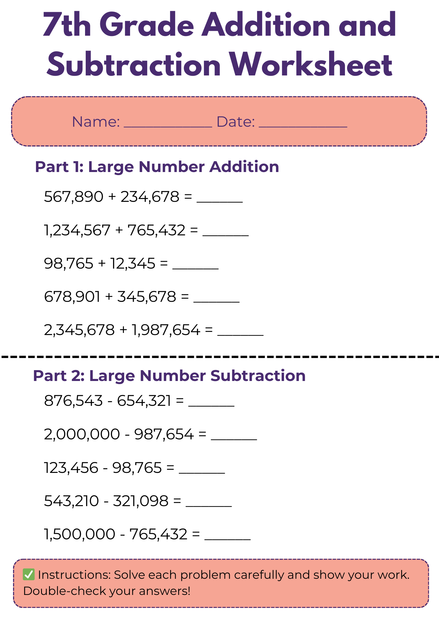 7th Grade Addition and Subtraction Worksheet