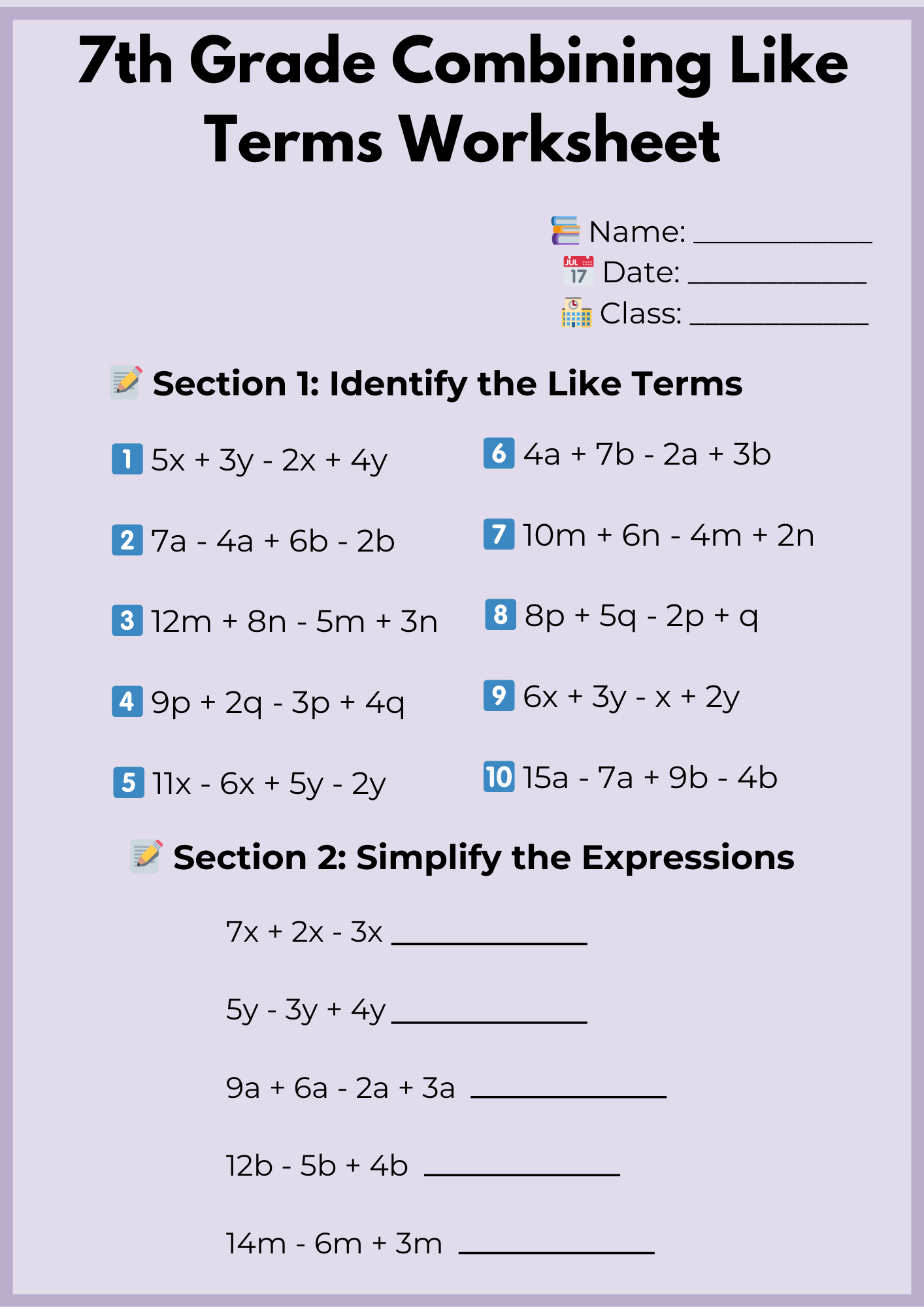 7th Grade Combining Like Terms Worksheet