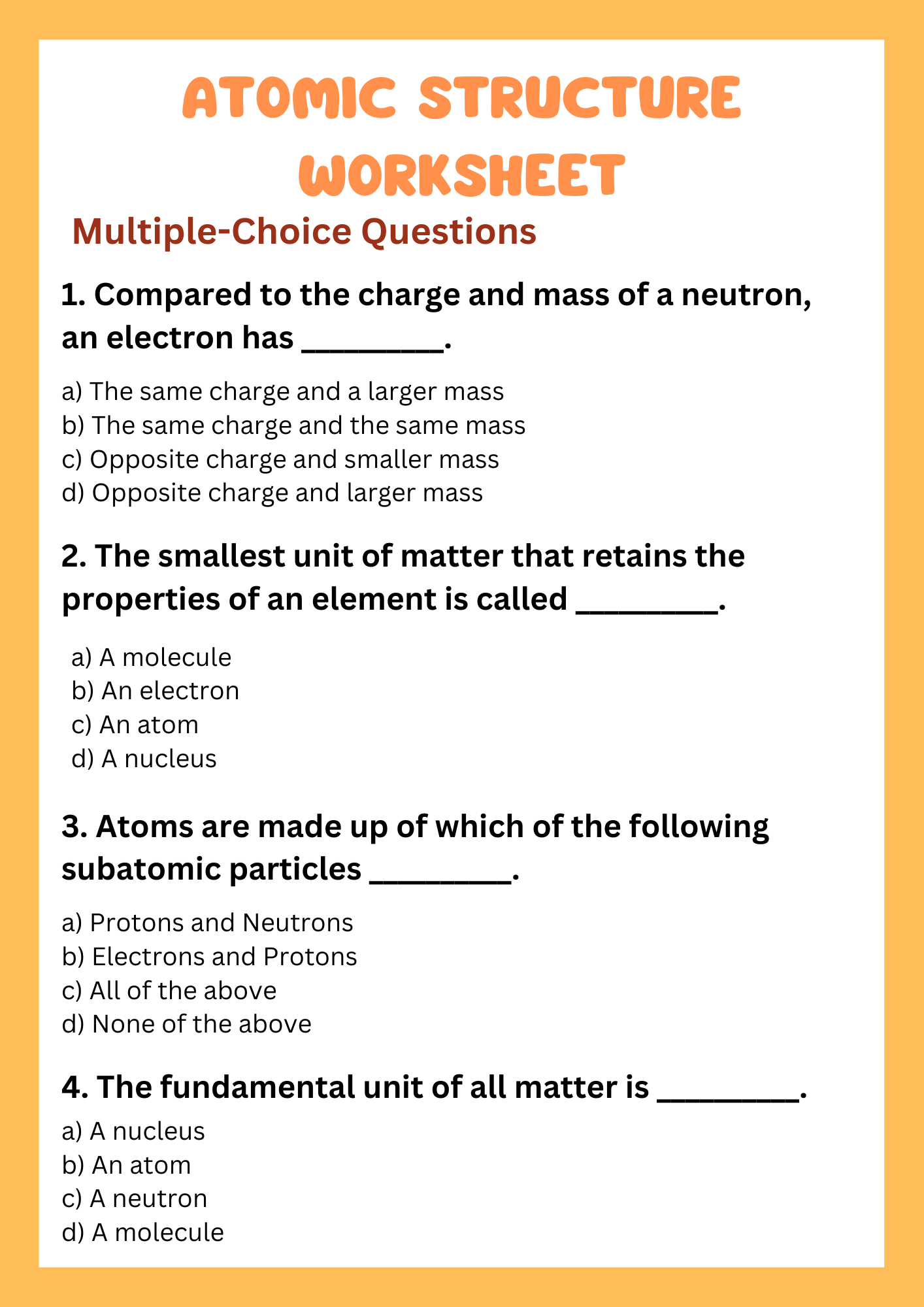 8th Grade Atomic Structure Worksheet