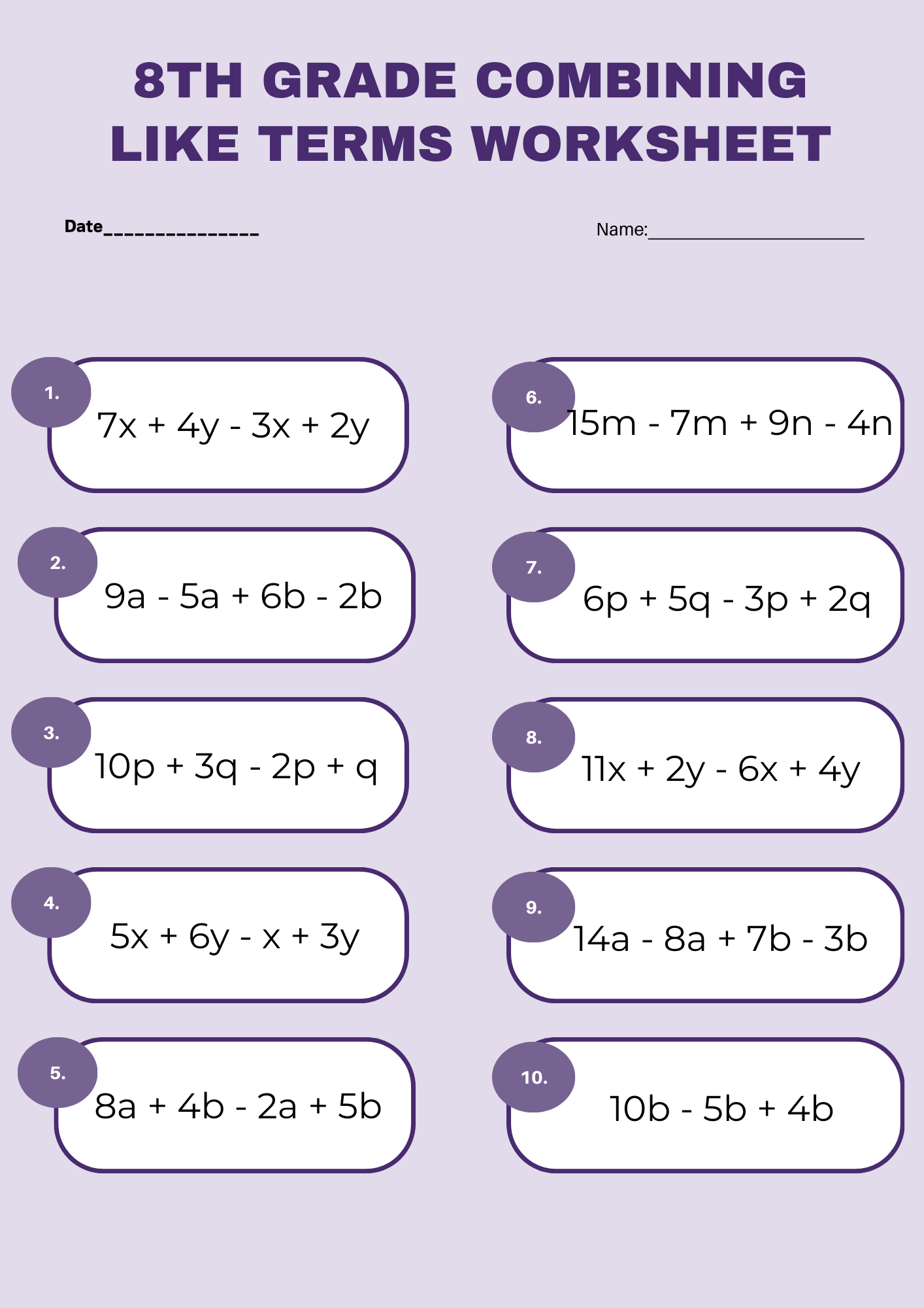 8th Grade Combining Like Terms Worksheet