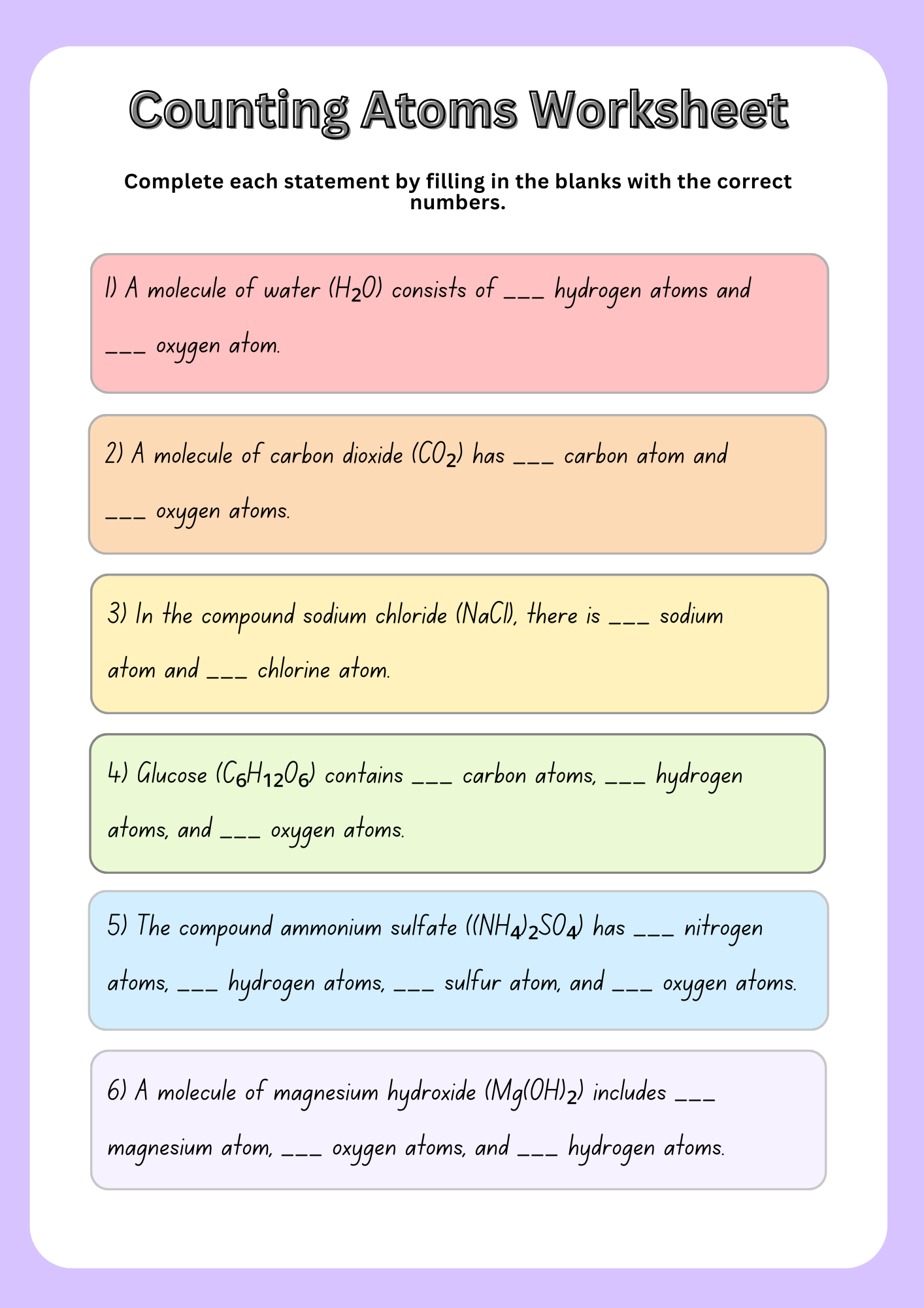 8th Grade Counting Atoms Worksheet 