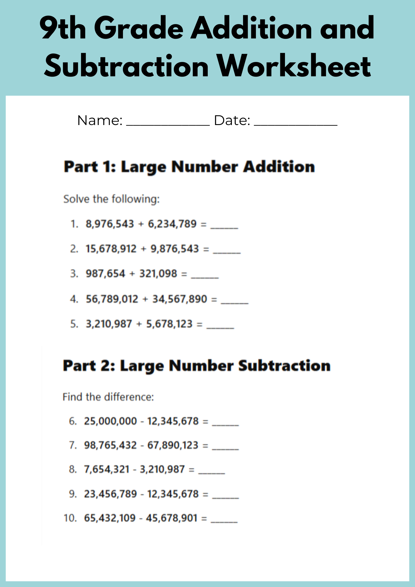 9th Grade Addition and Subtraction Worksheet