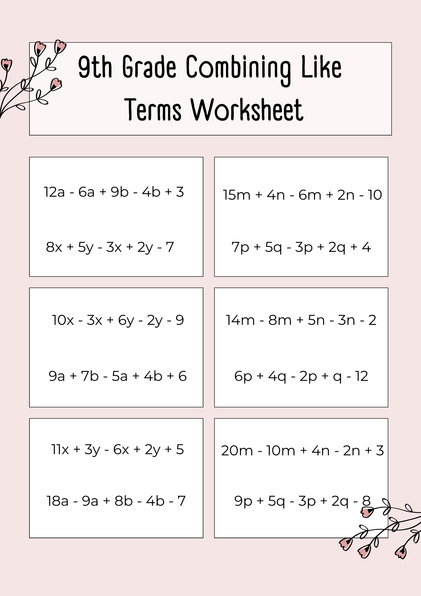 9th Grade Combining Like Terms Worksheet