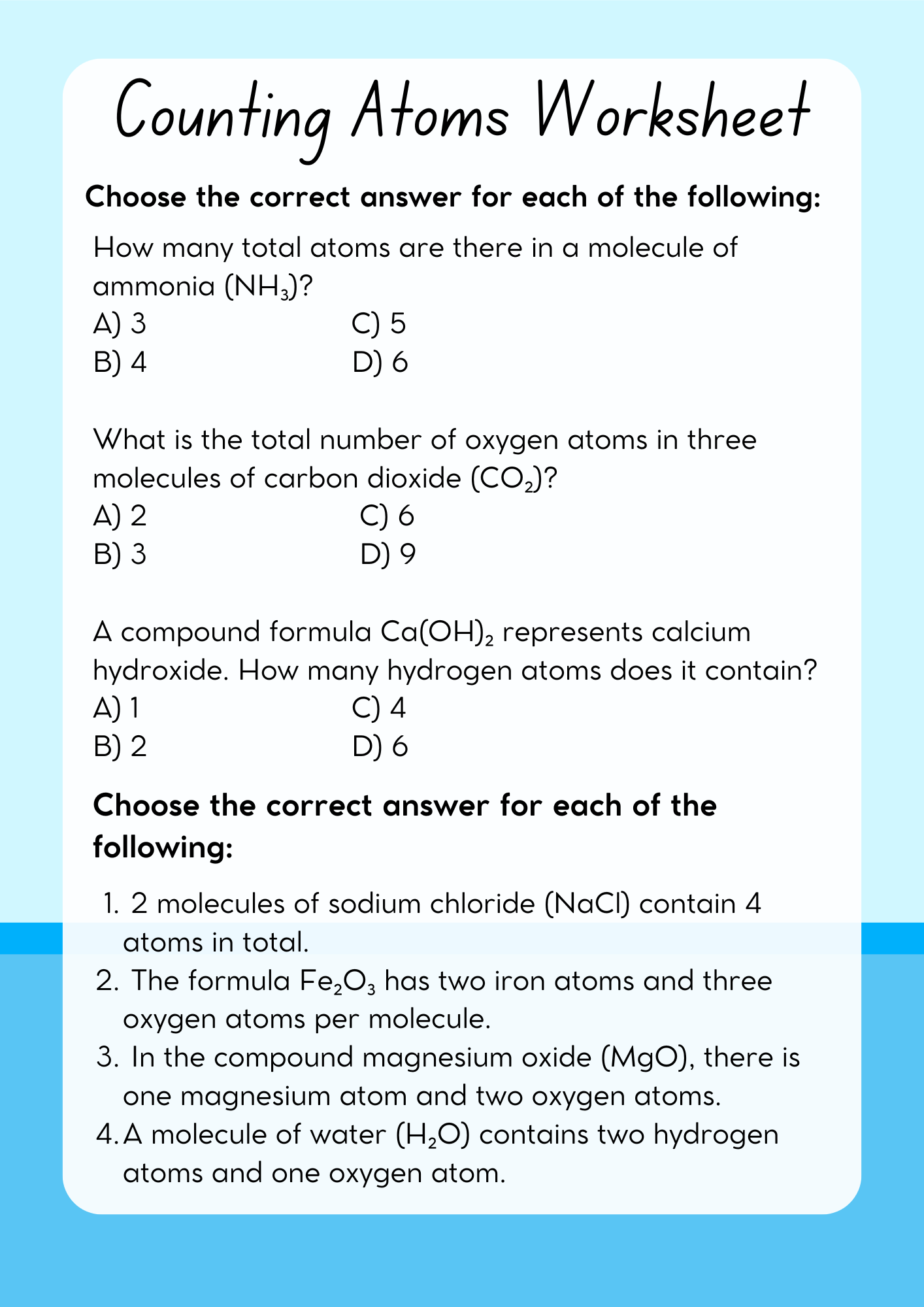 9th Grade Counting Atoms Worksheet 