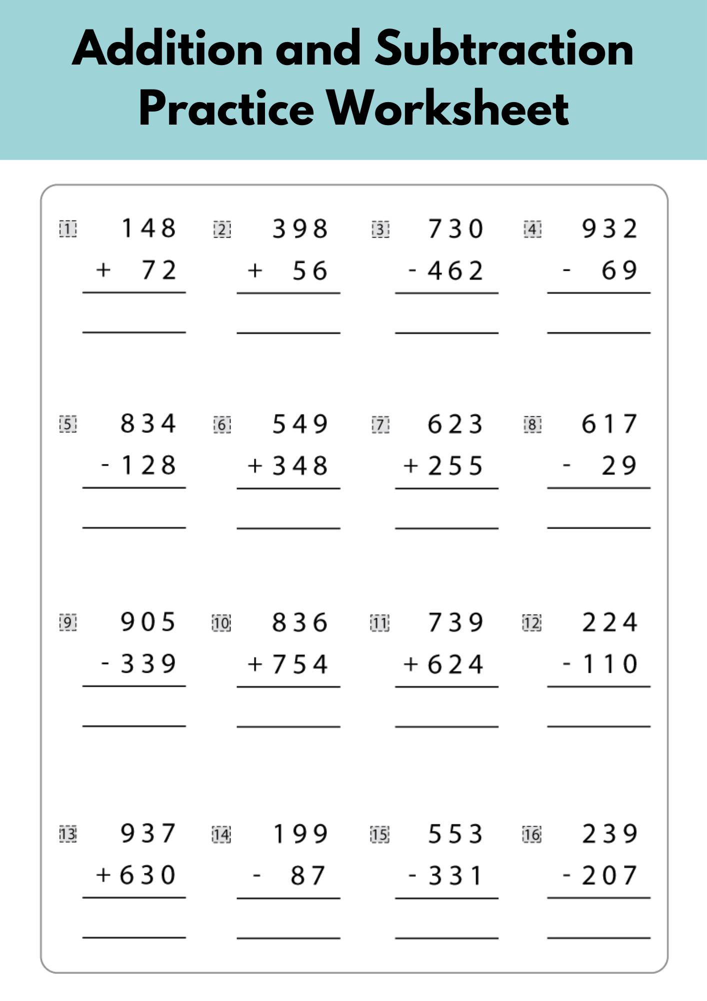 Addition and Subtraction Practice Worksheet