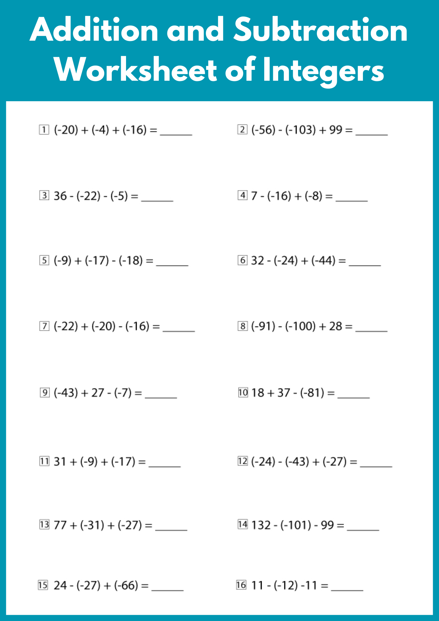 Addition and Subtraction Worksheet of Integers