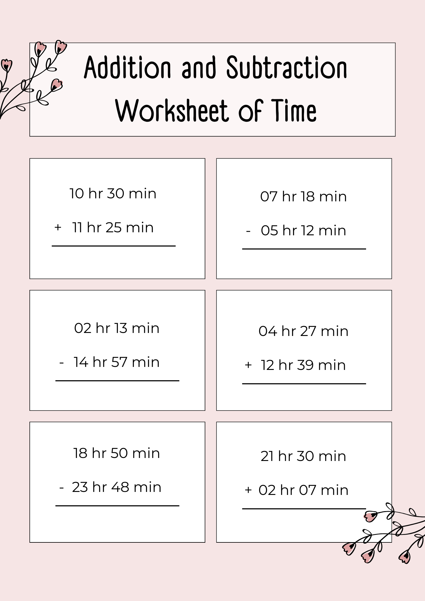 Addition and Subtraction Worksheet of Time