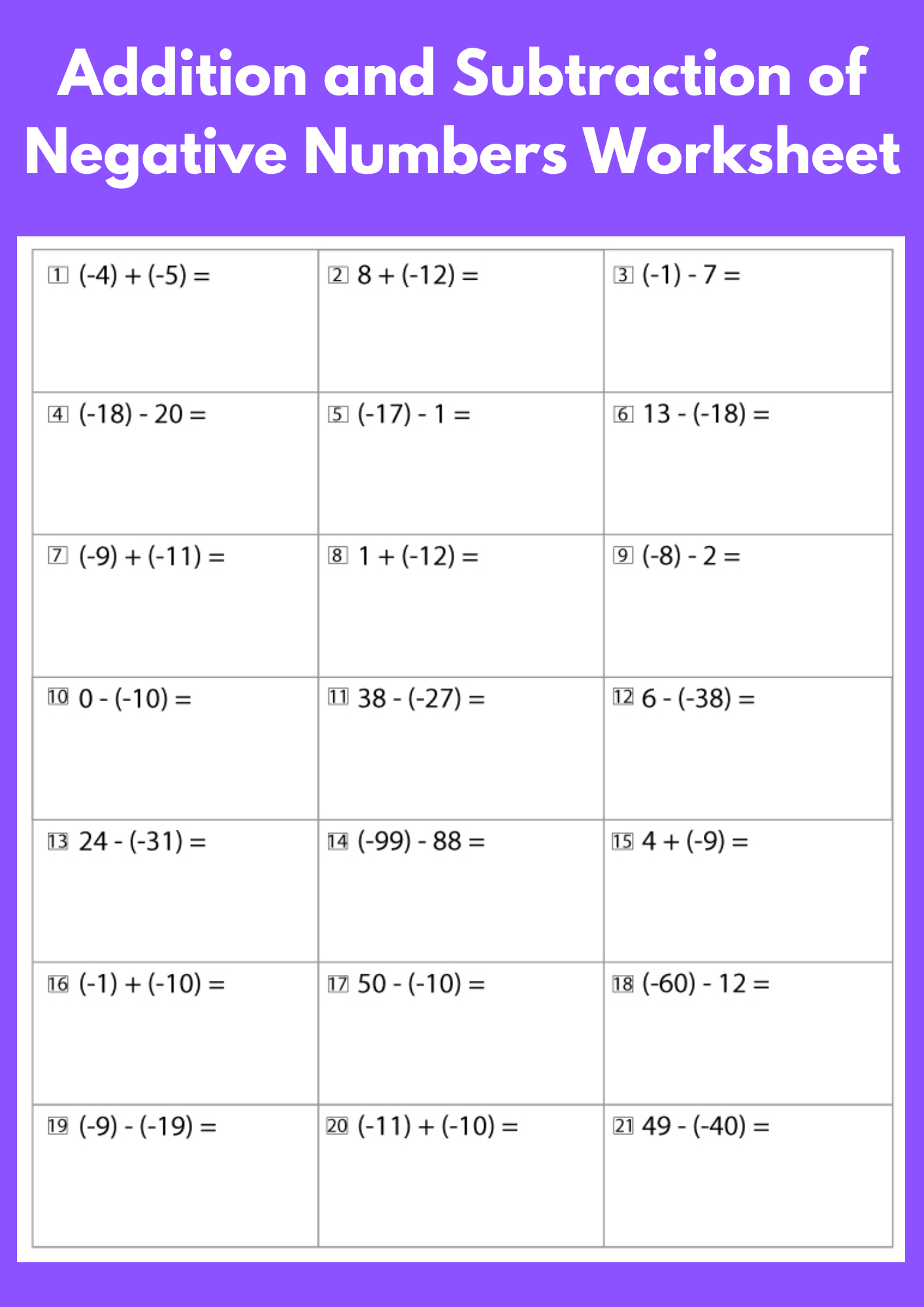 Addition and Subtraction of Negative Numbers Worksheet