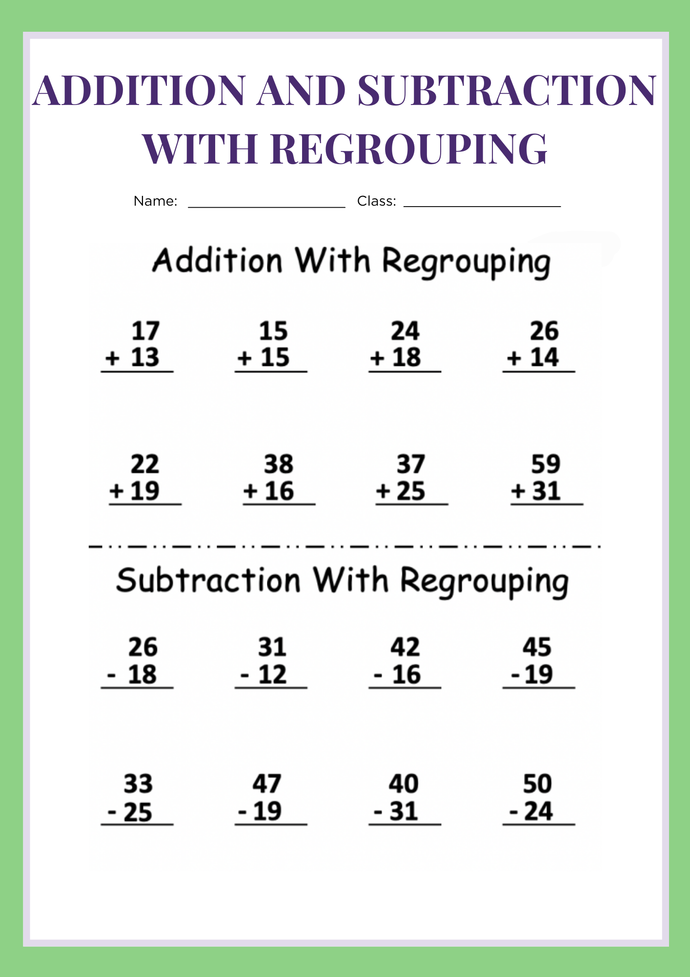 Addition and subtraction with Regrouping Worksheet