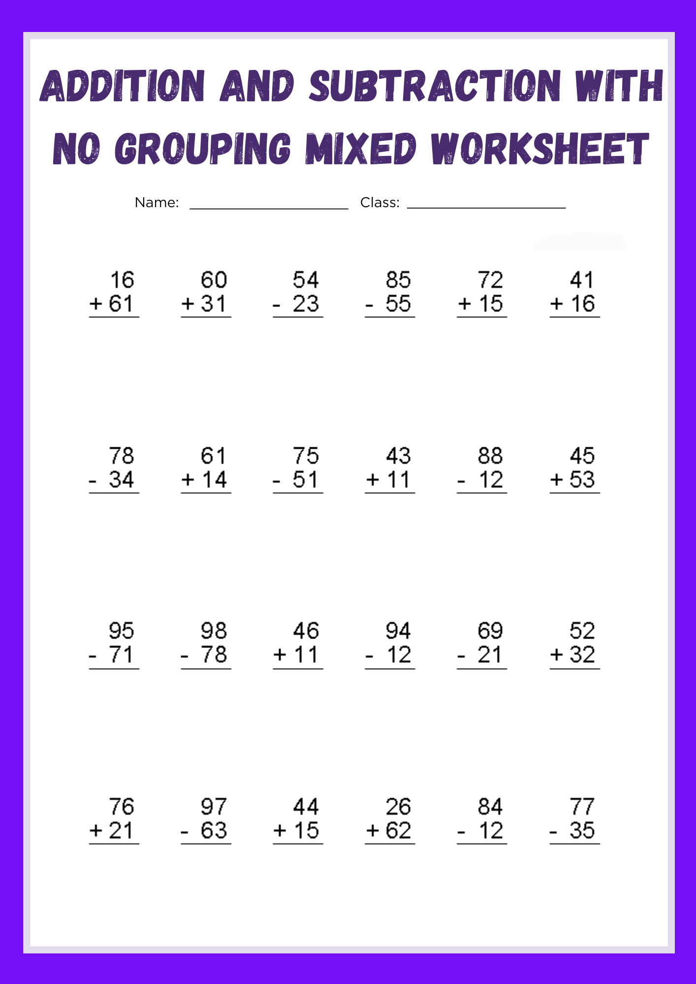 Addition and subtraction with no grouping Mixed worksheet