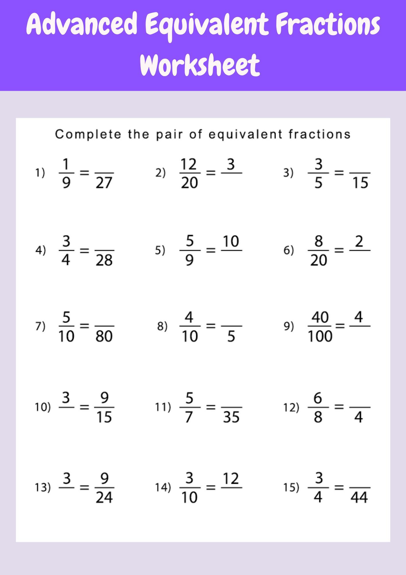 Advanced Equivalent Fractions Worksheet