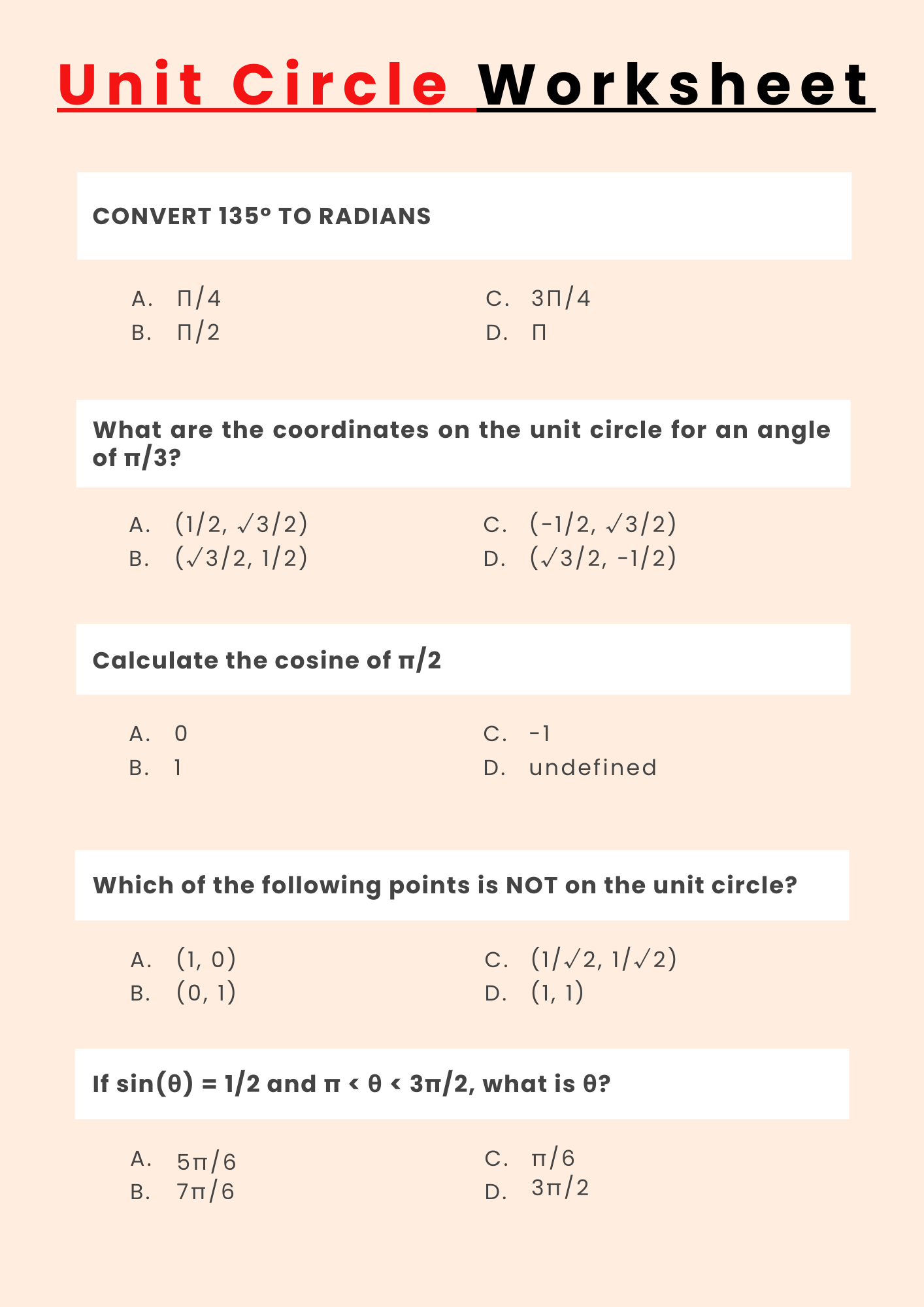 Algebra 2 Unit Circle Worksheet