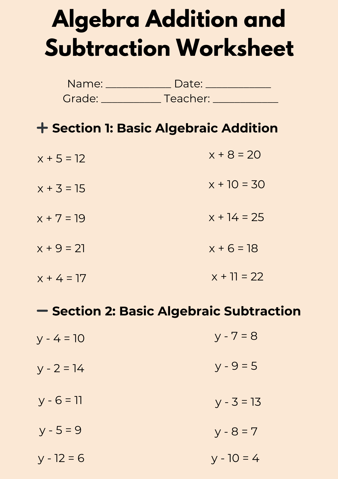 Algebra Addition and Subtraction Worksheet